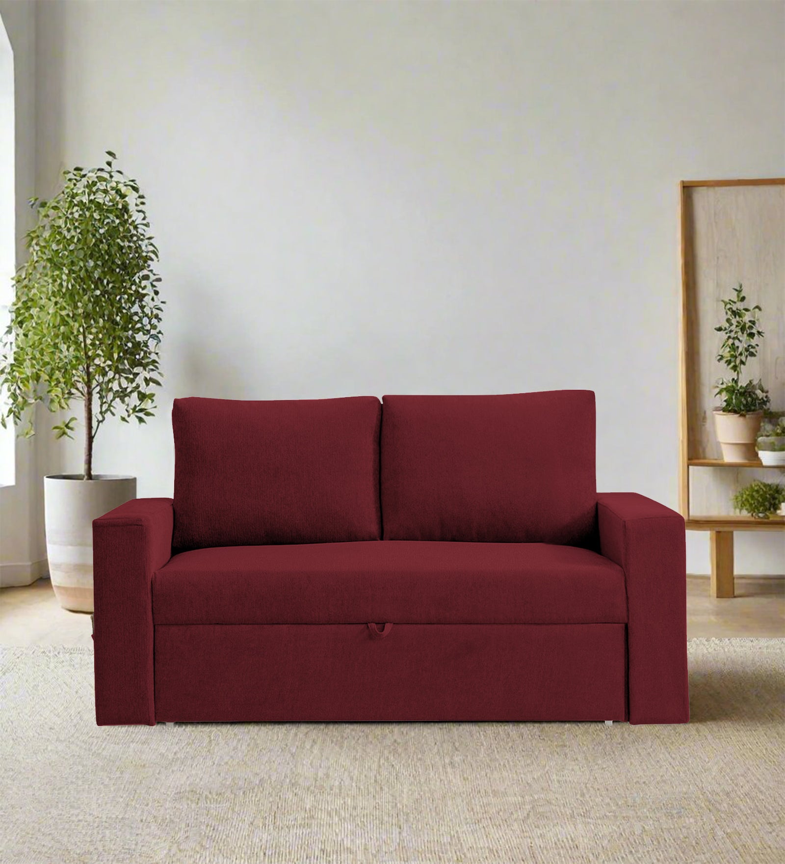 Kara Fabric 2 Seater Pull Out Sofa Cum Bed In Blood Maroon Colour - Febonic Living