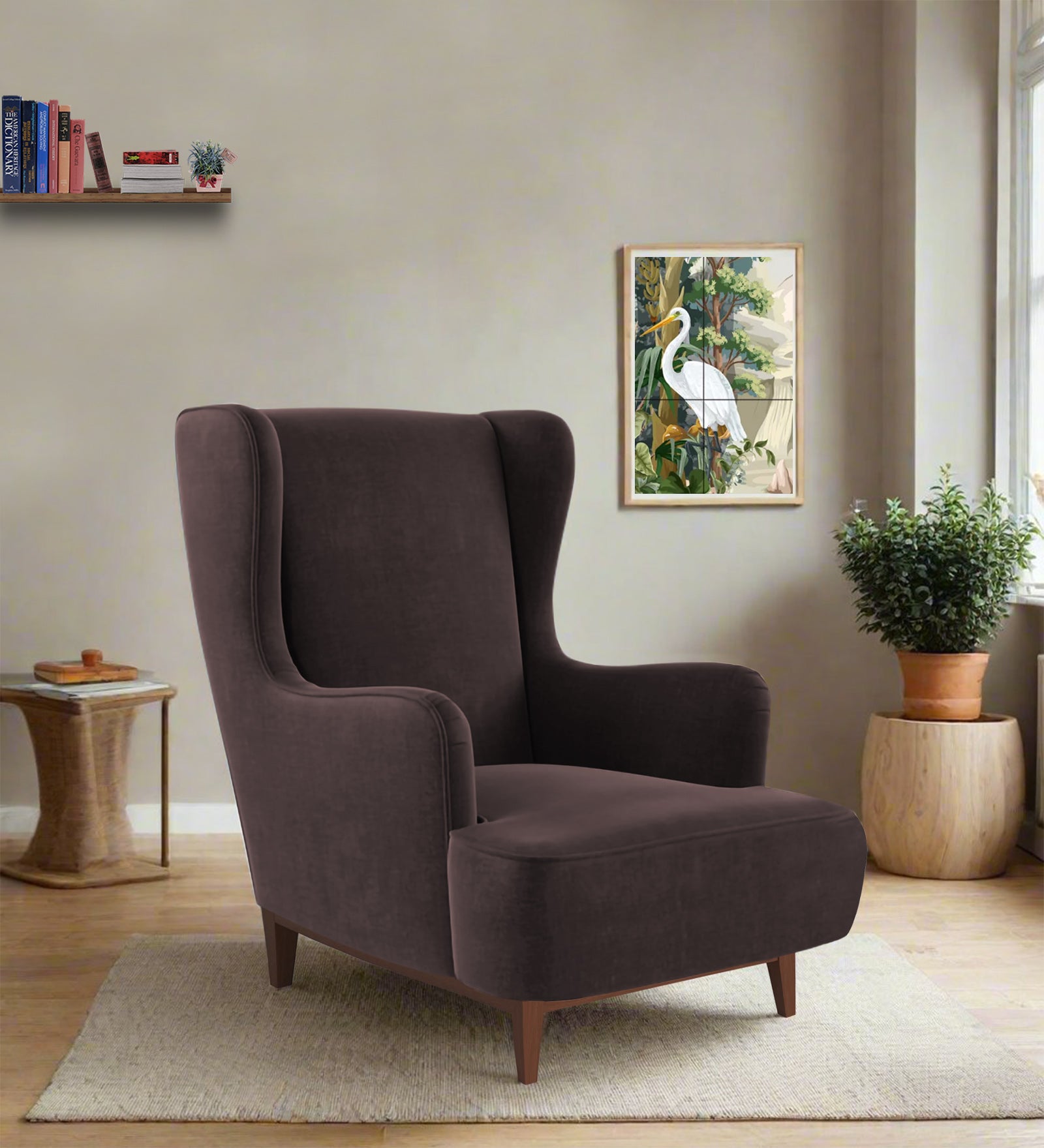 Suri Velvet Wing Chair In Mocha Brown Colour - Febonic Living