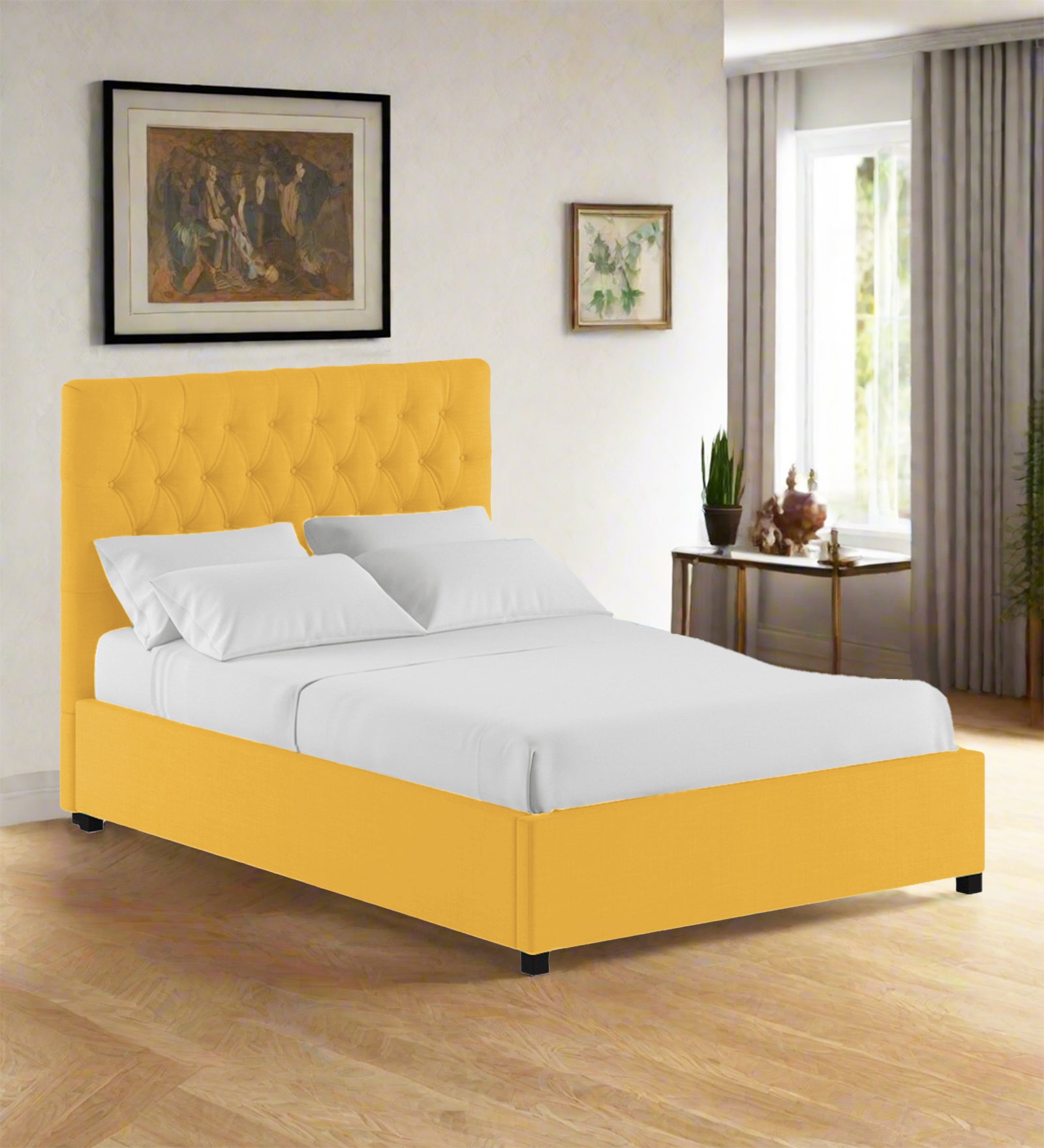 Isko Fabric King Size Bed In Bold Yellow Colour With Storage Box - Febonic Living