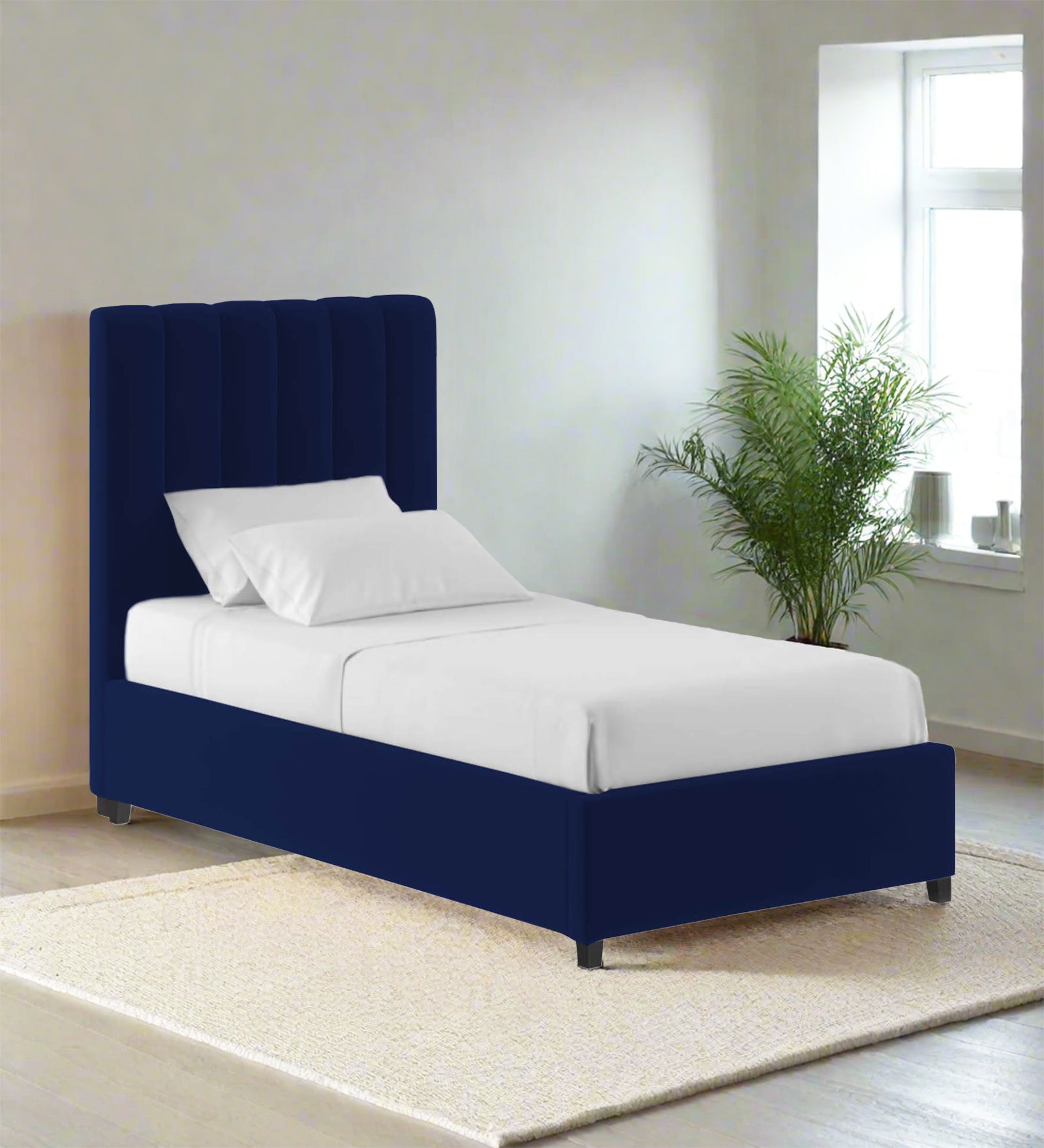 Lara Velvet Upholstered Single Bed in Indigo Blue Colour - Febonic Living