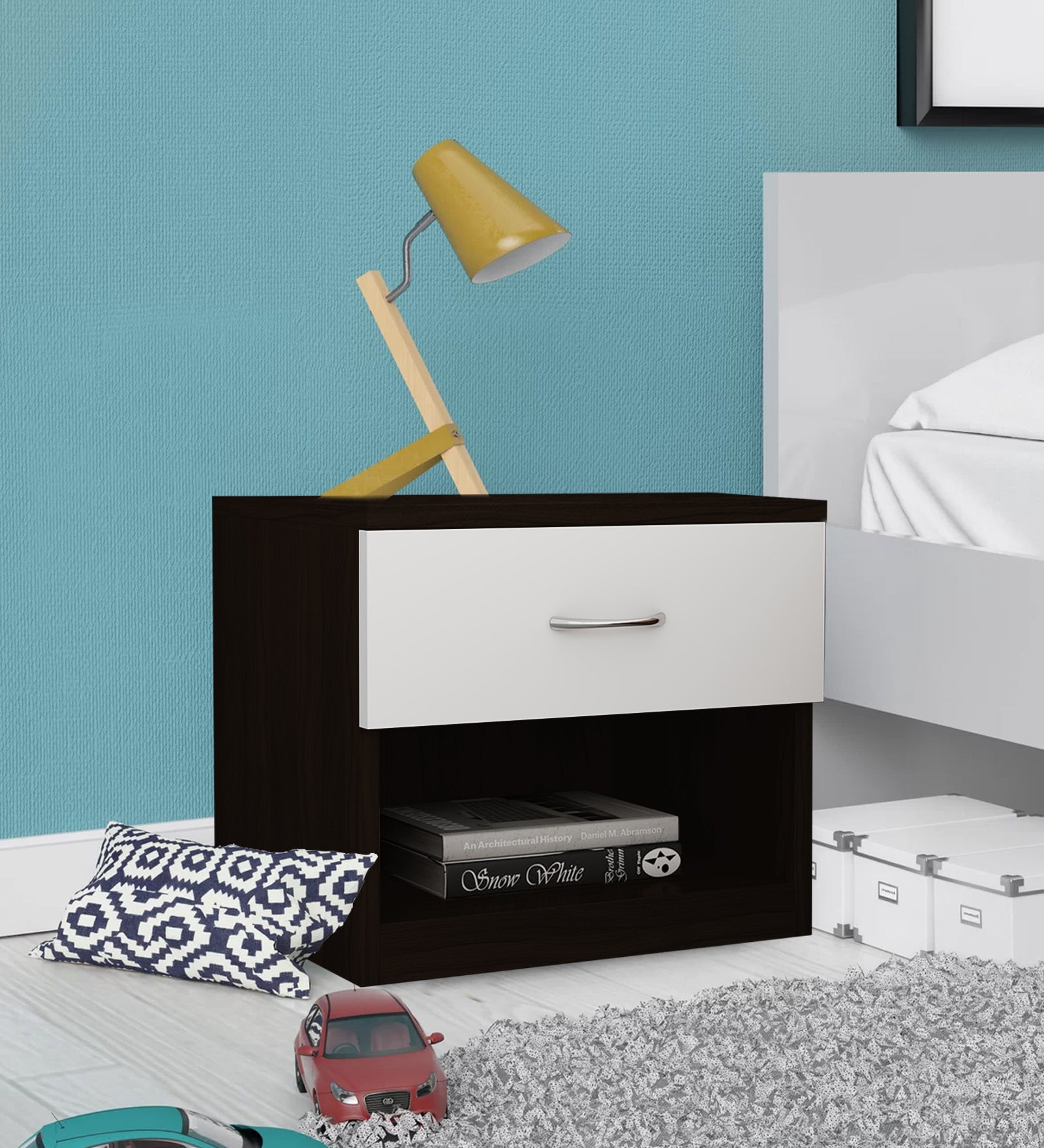 Rona Bedside Table With Drawer In Wenge And Frosty White Finish - Febonic Living