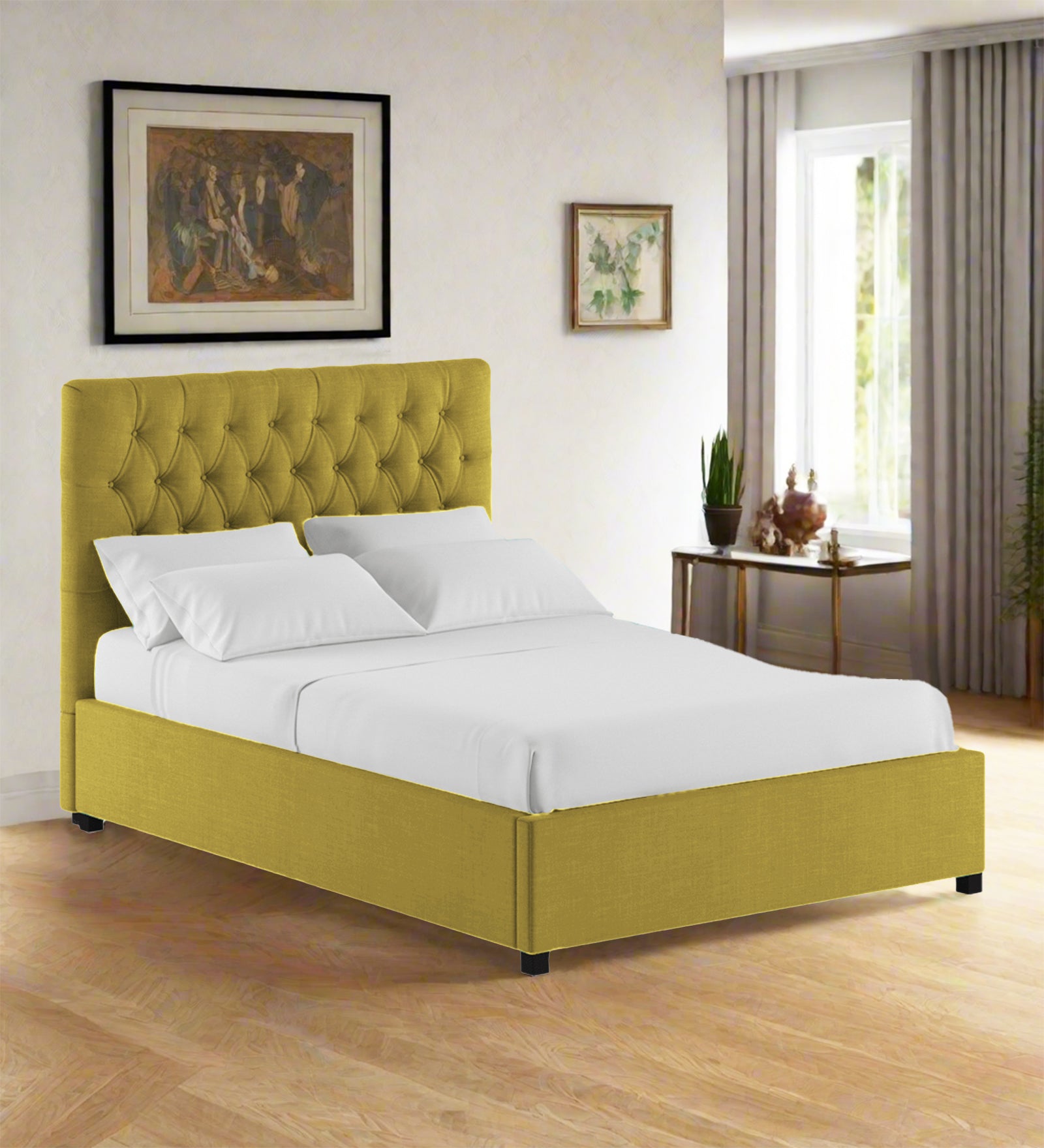 Isko Fabric King Size Bed In Parrot Green Colour With Storage Box - Febonic Living