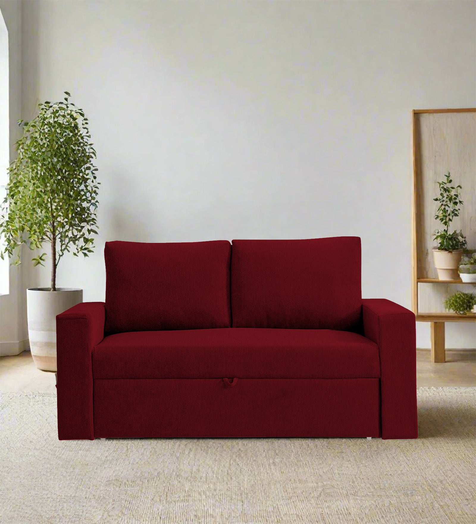 Kara Fabric 2 Seater Pull Out Sofa Cum Bed In Ruby Red Colour - Febonic Living