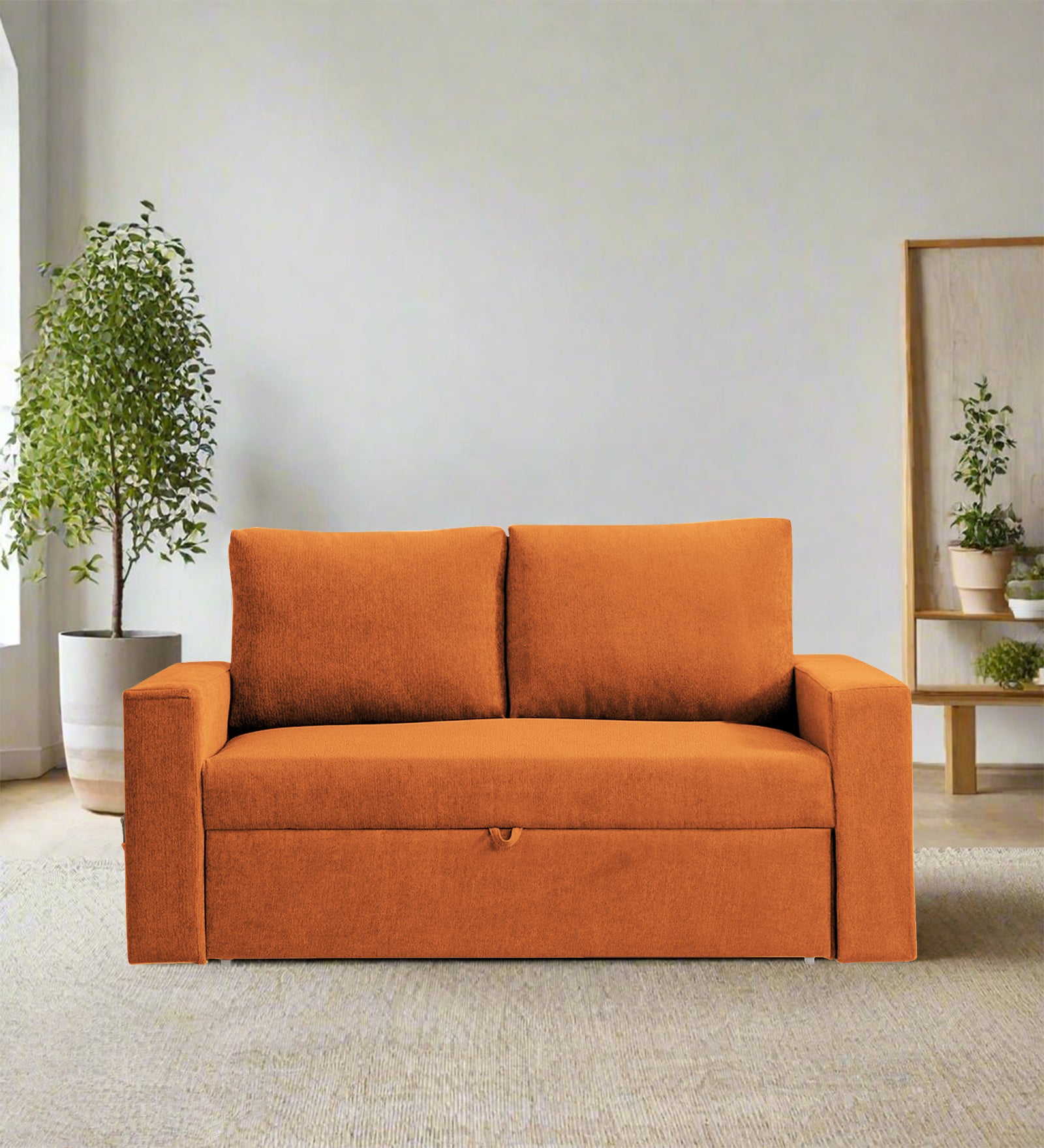 Kara Fabric 2 Seater Pull Out Sofa Cum Bed In Vivid Orange Colour - Febonic Living