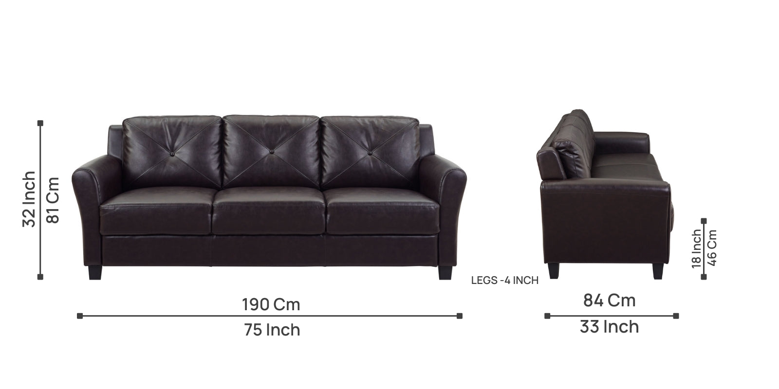 Stanton Leatherette 3 Seater Sofa In Mocha Brown Colour - Febonic Living