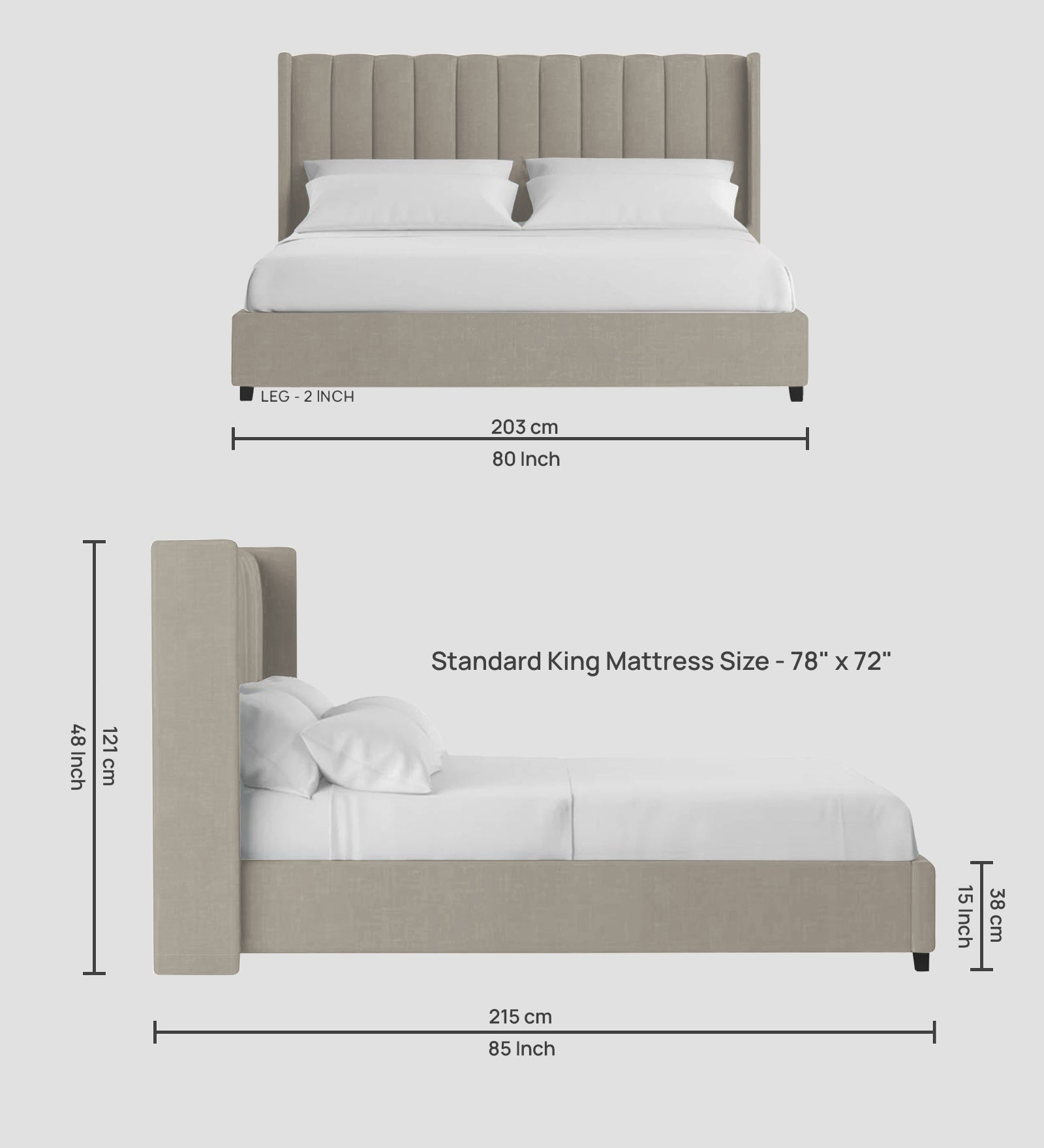 Colina Fabric King Size Bed In Ash Grey Colour With Box Storage - Febonic Living