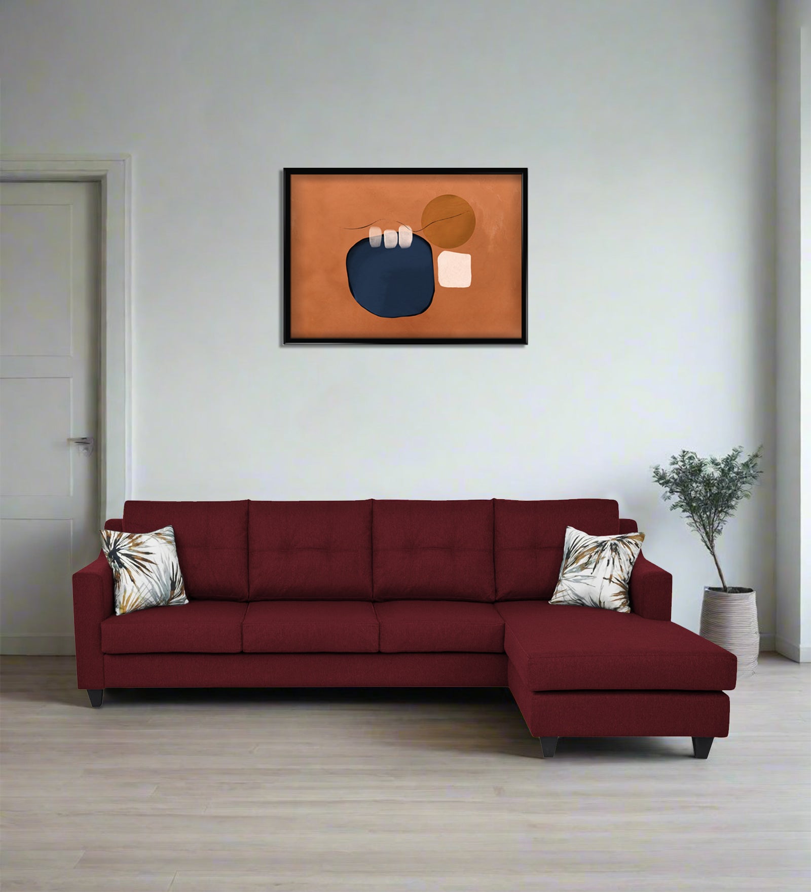 Welly Fabric LHS Sectional Sofa (3+Lounger) In Blood Maroon Colour - Febonic Living