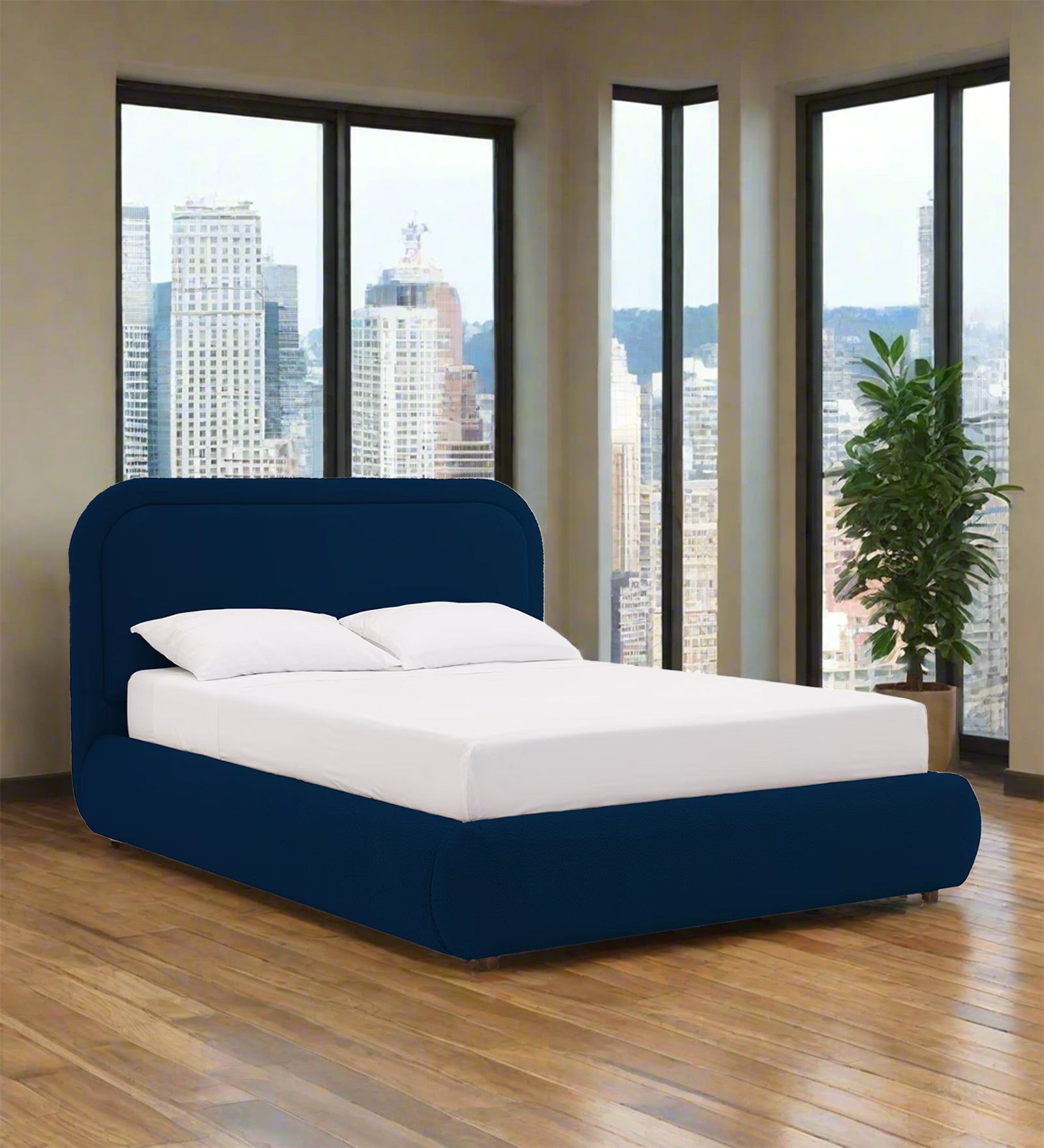 Nemo Boucle Fabric Queen Size Bed in Classic Blue Colour - Febonic Living
