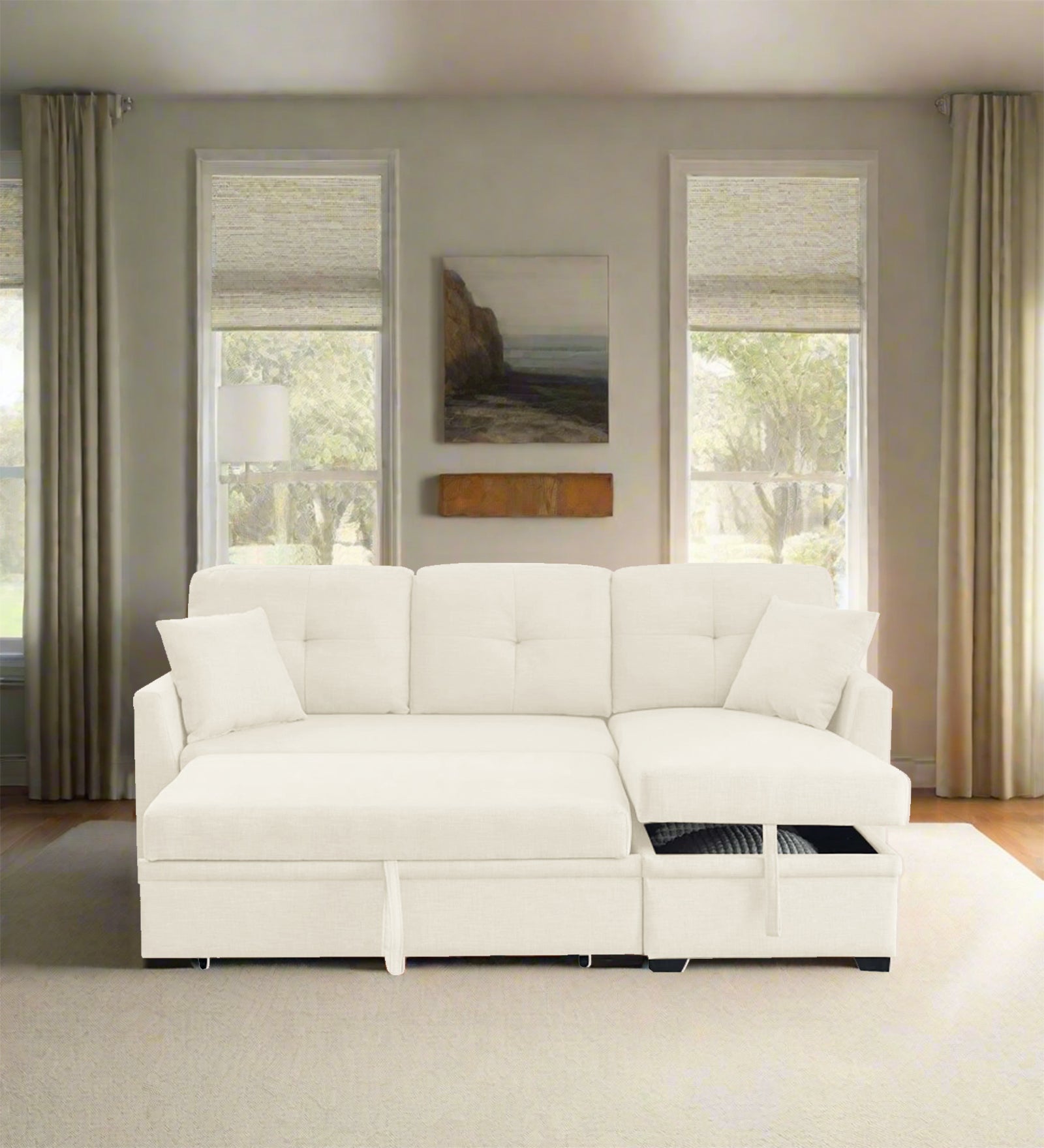 Jody Fabric 3 Seater Pull Out Sofa Cum Bed In Ivory Cream Colour With Storage - Febonic Living