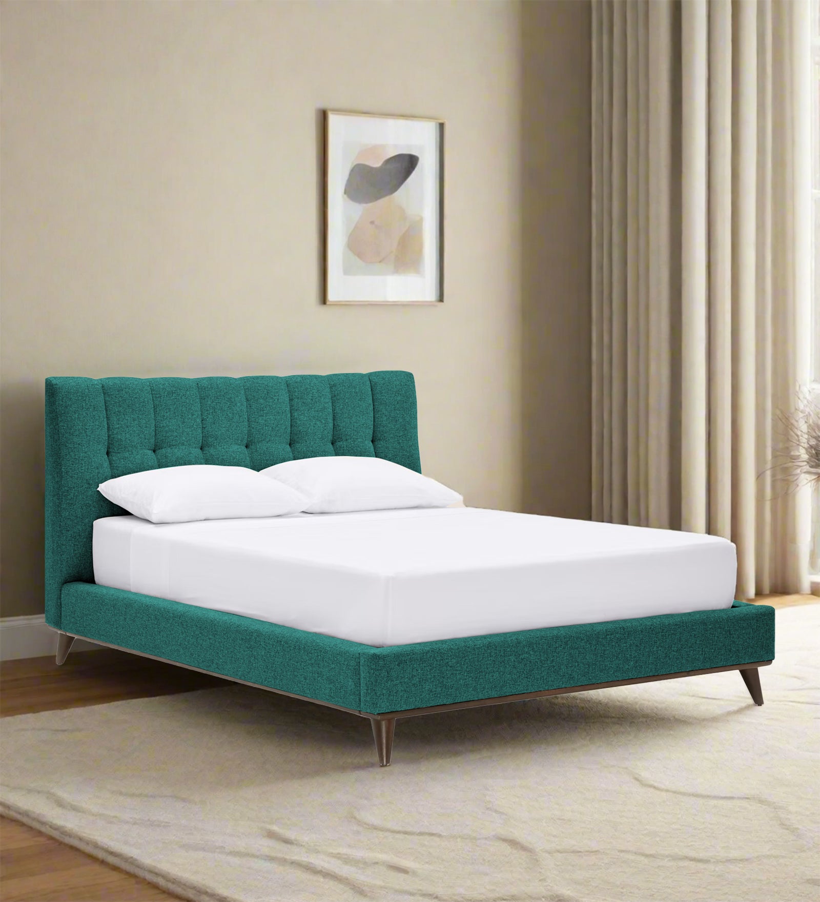 Jasmin Fabric Upholstered King Size Bed in Sea Green Colour - Febonic Living