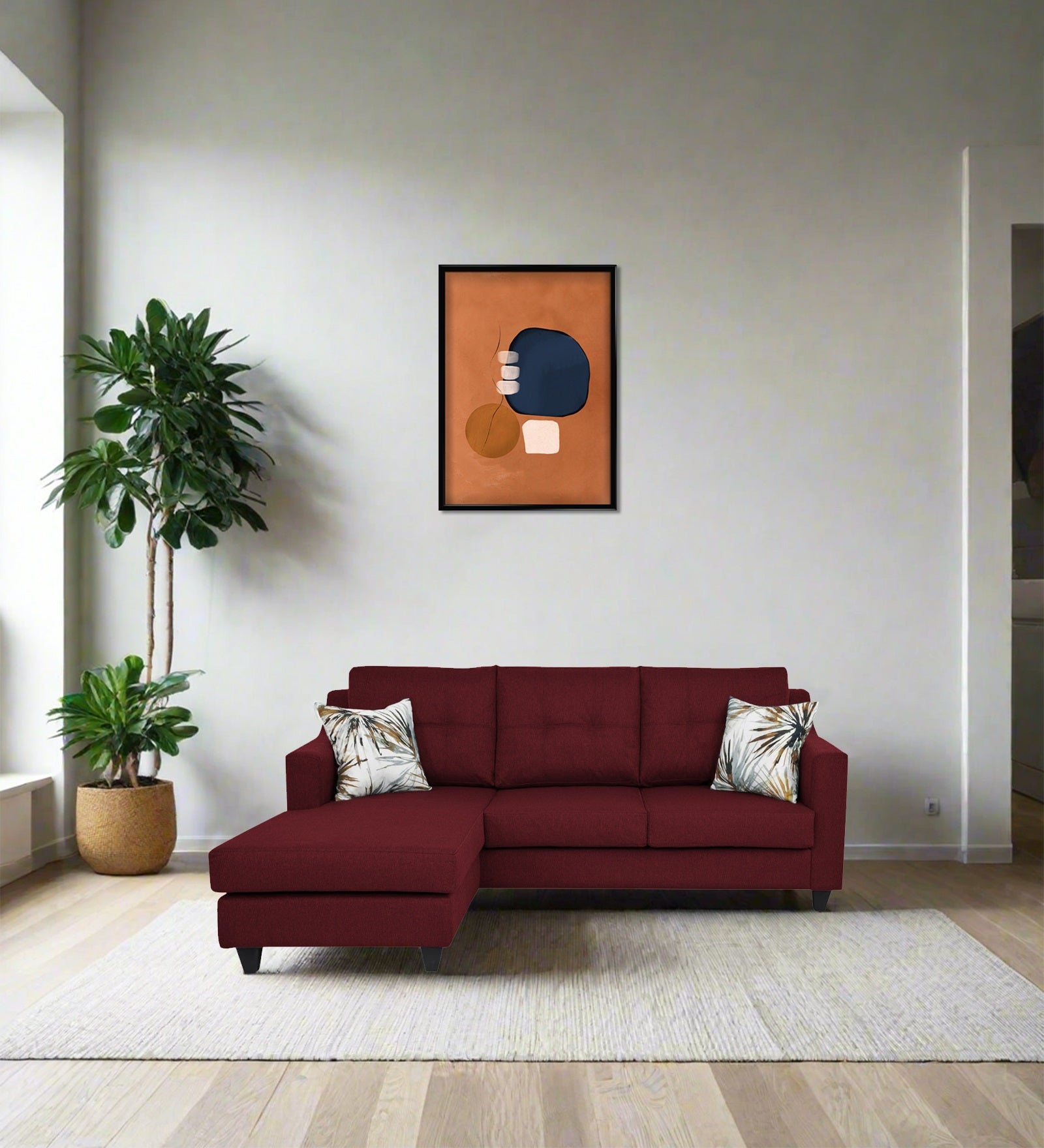 Welly Fabric RHS Sectional Sofa (2+Lounger) In Blood Maroon Colour - Febonic Living