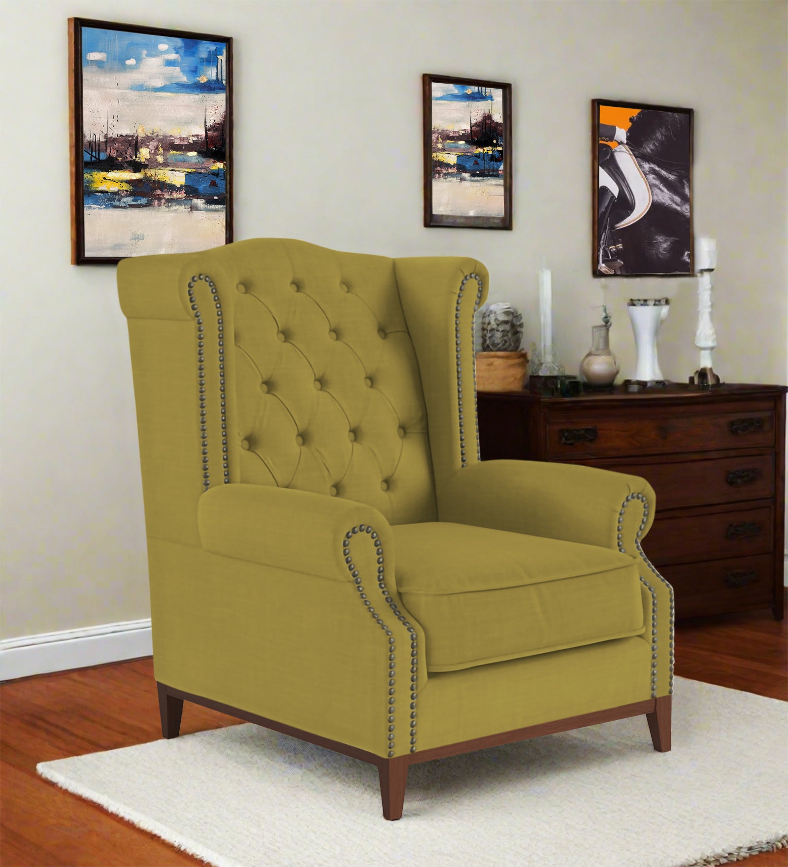Nory Fabric Wing Chair In Parrot Green Colour - Febonic Living