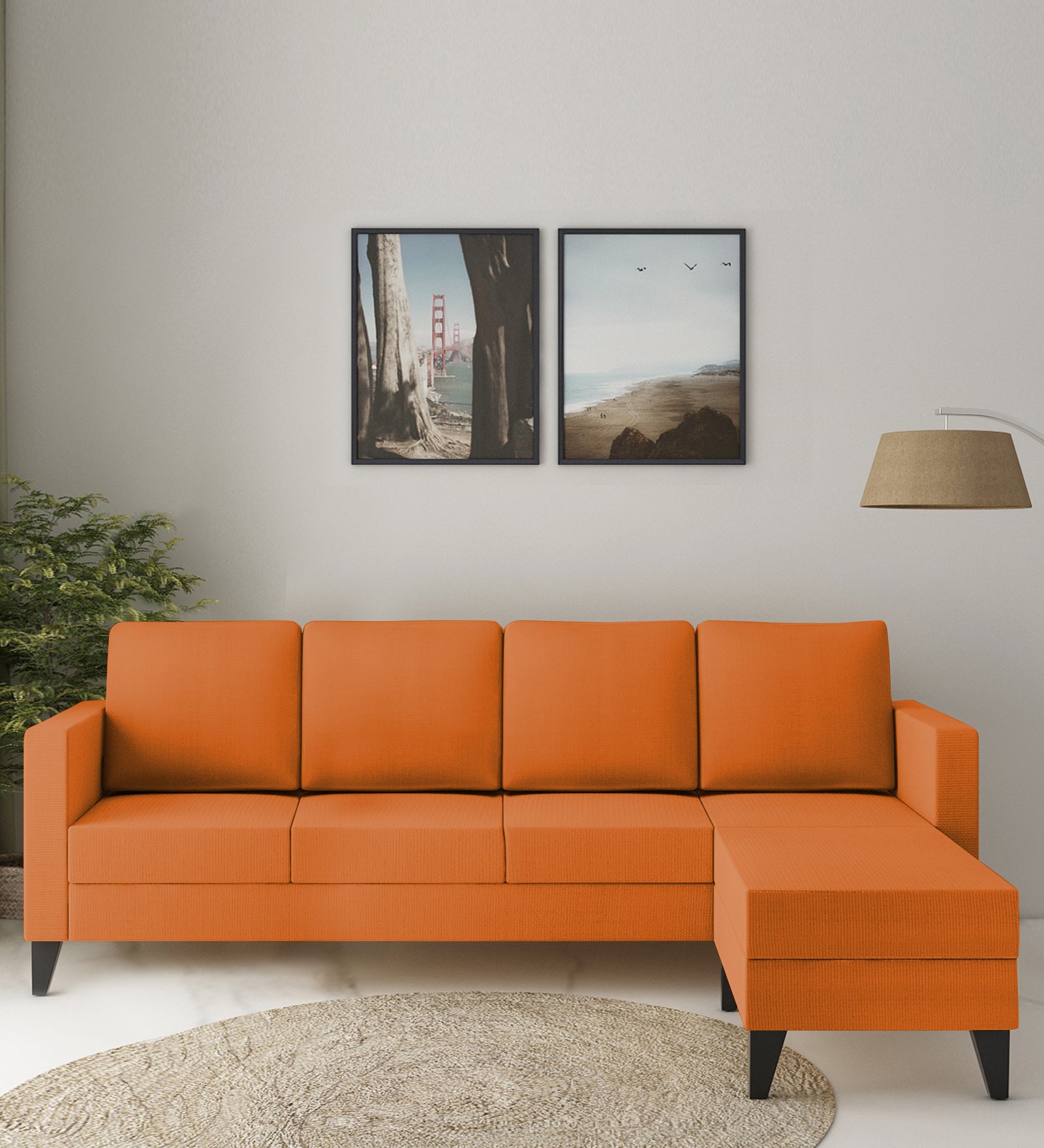 Nori Fabric LHS Sectional Sofa (3+Lounger) In Dark Orange Colour - Febonic Living