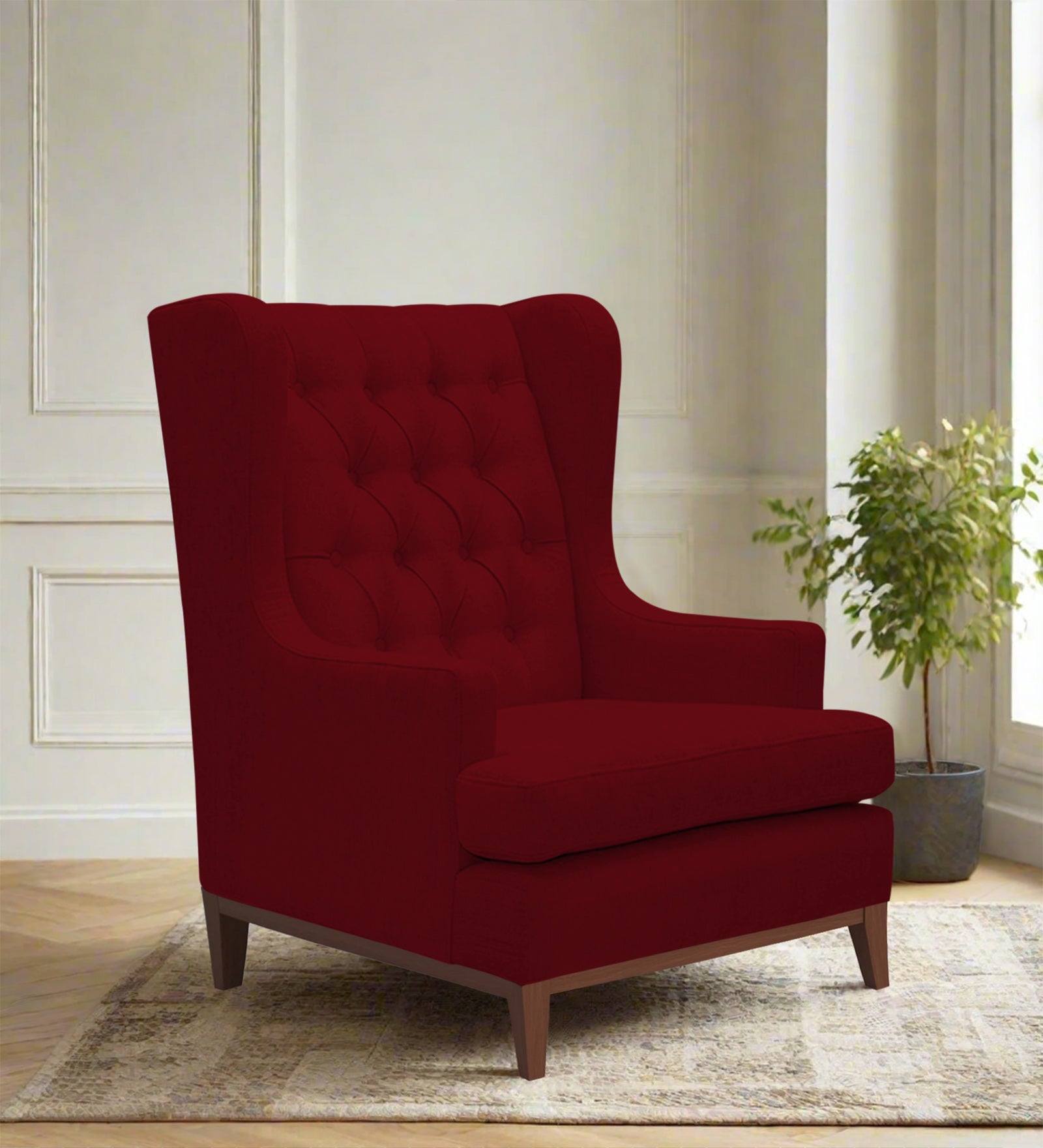 Panas Fabric Wing Chair In Ruby Red Colour - Febonic Living