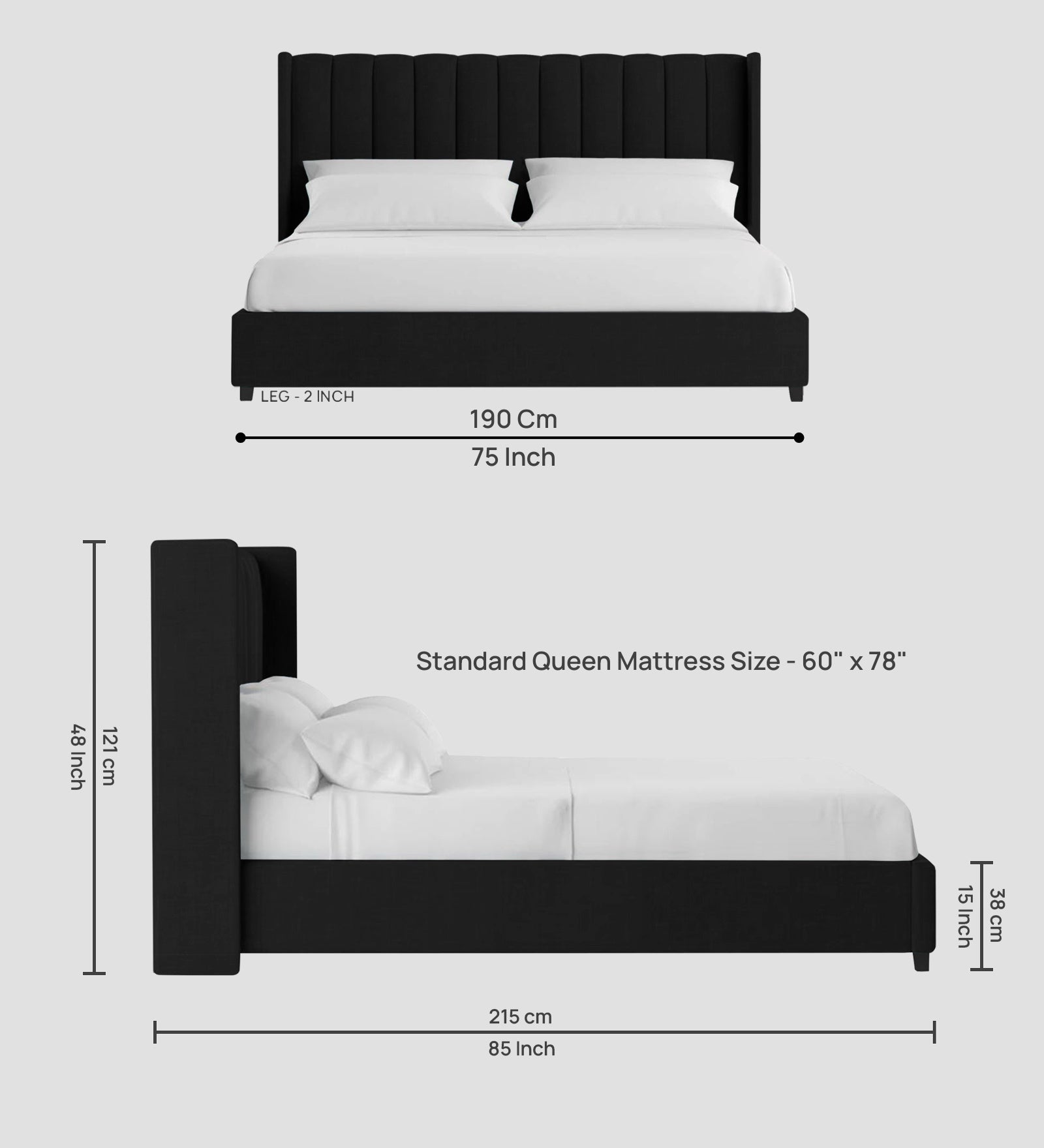Colina Fabric Queen Size Bed In Zed Black Colour With Box Storage - Febonic Living