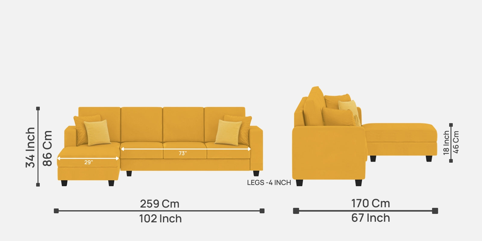 Nabi Fabric RHS Sectional Sofa (3+Lounger) In Bold Yellow Colour - Febonic Living