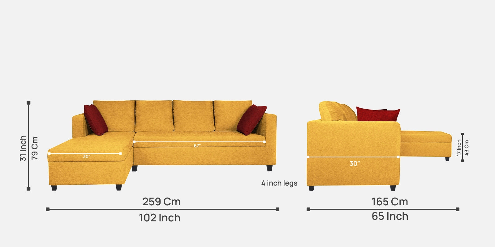 Nebula Fabric RHS Sectional Sofa (3+Lounger) In Bold Yellow Colour - Febonic Living
