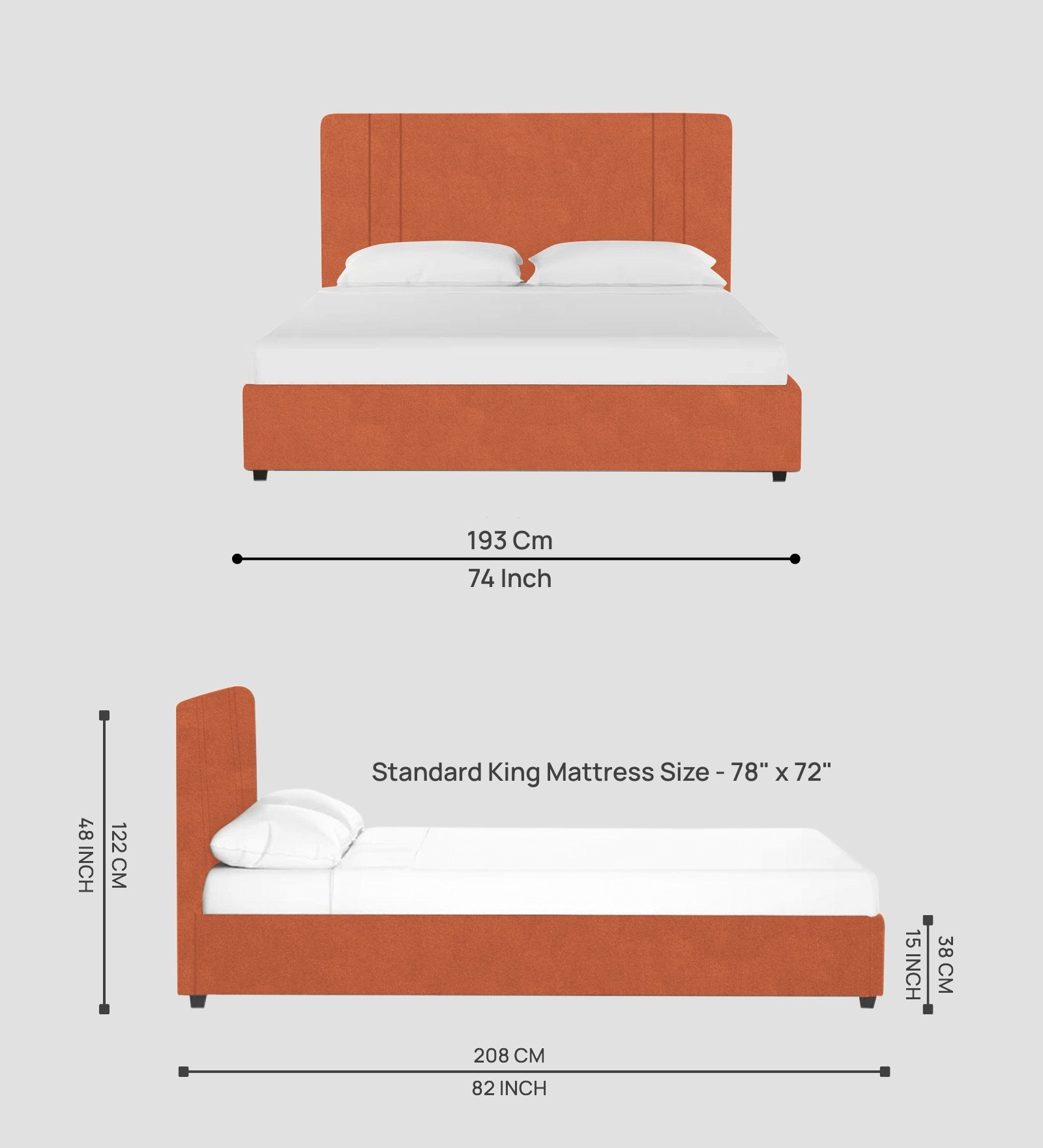 Asyra Velvet Upholstered King Size Bed In Yam Orange Colour With Box Storage