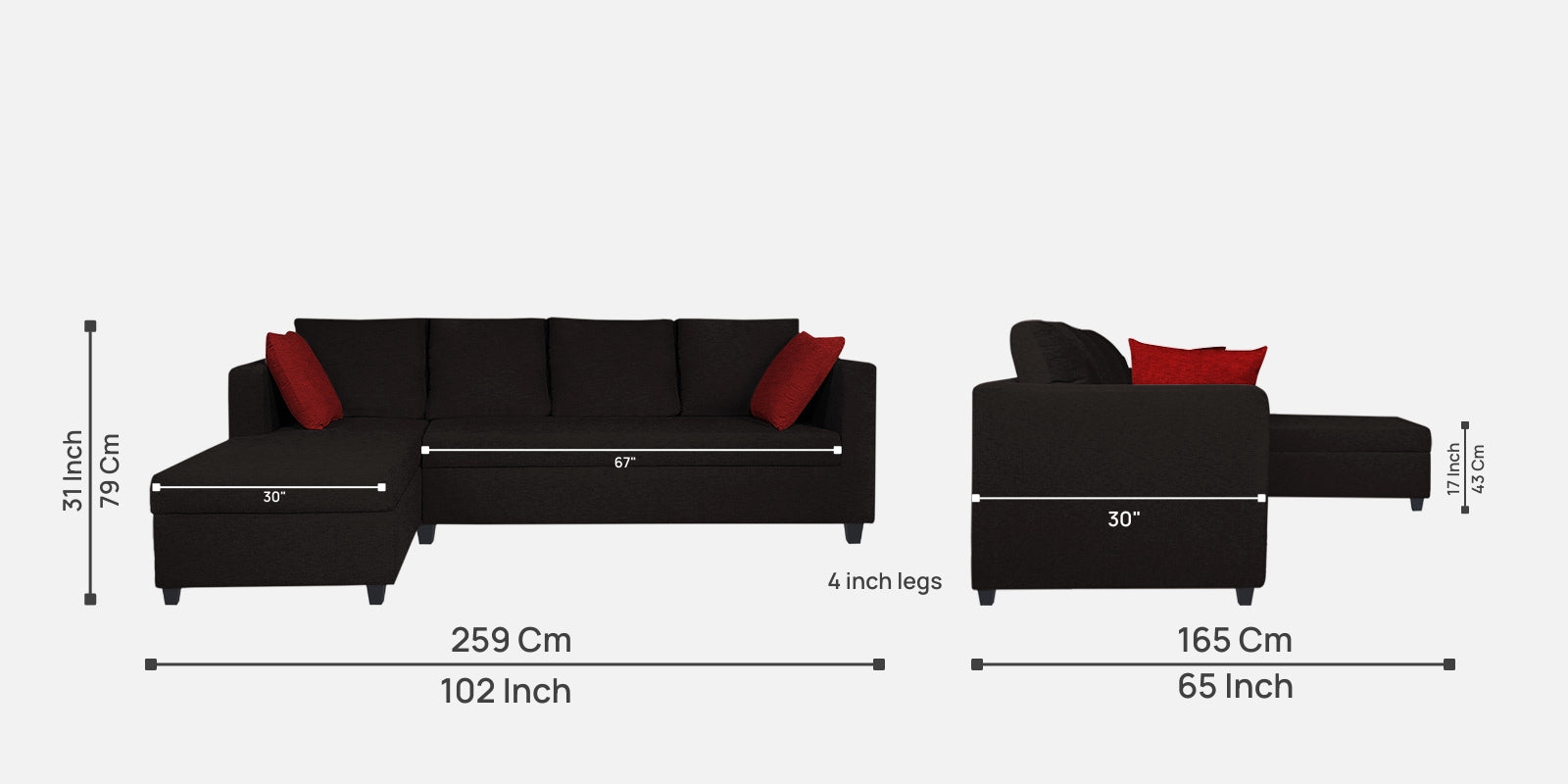 Nebula Fabric RHS Sectional Sofa (3+Lounger) In Cara Brown Colour - Febonic Living