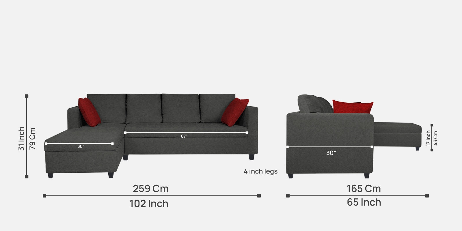 Nebula Fabric RHS Sectional Sofa (3+Lounger) In Charcoal Grey Colour - Febonic Living