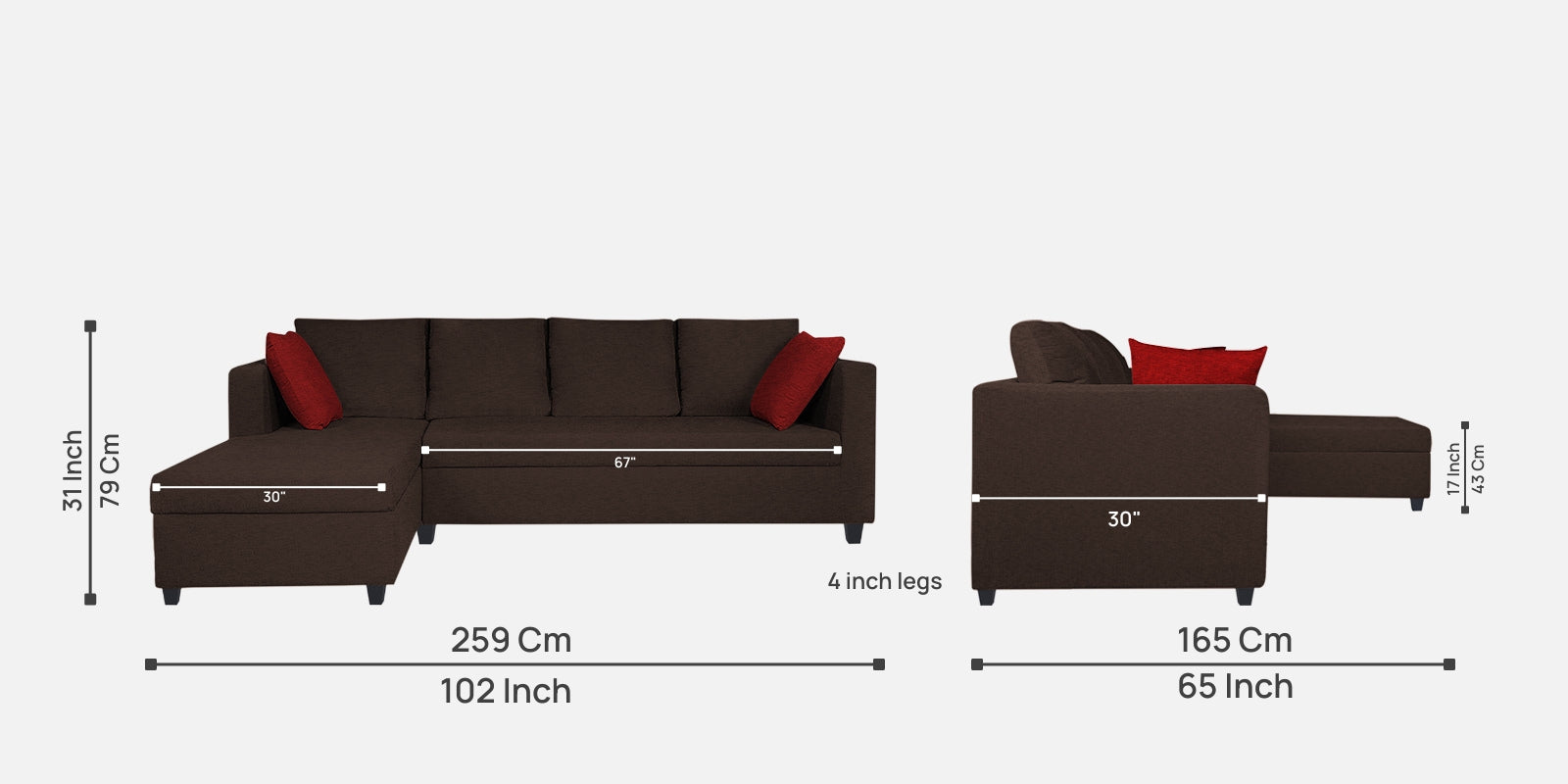 Nebula Fabric RHS Sectional Sofa (3+Lounger) In Coffee Brown Colour - Febonic Living