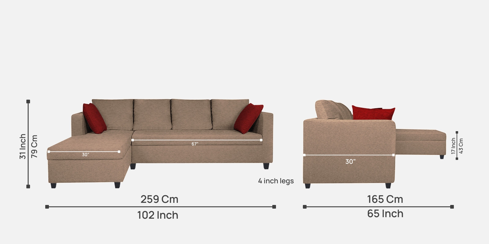 Nebula Fabric RHS Sectional Sofa (3+Lounger) In Cookie Beige Colour - Febonic Living