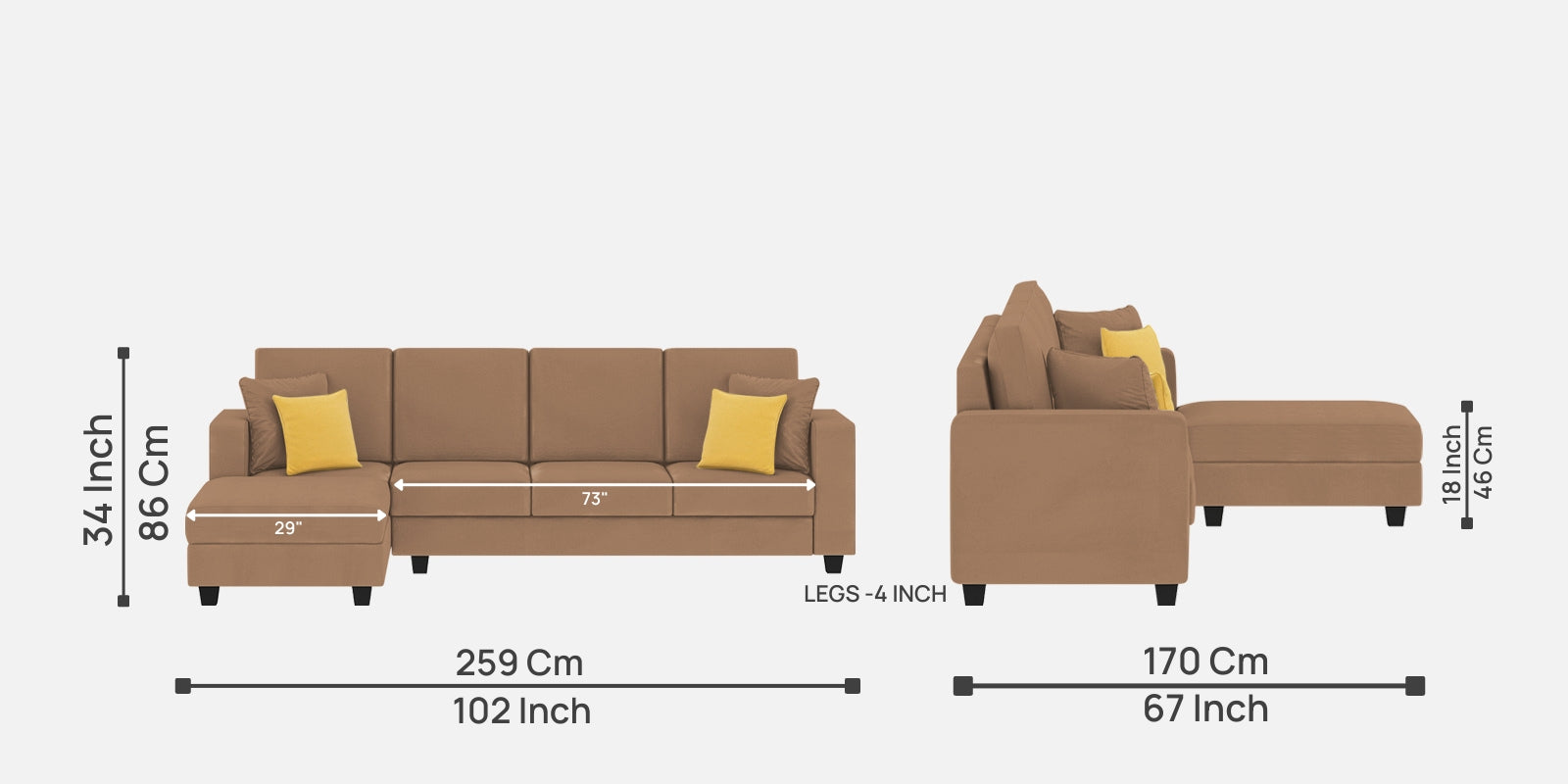 Nabi Fabric RHS Sectional Sofa (3+Lounger) In Cosmic Beige Colour - Febonic Living