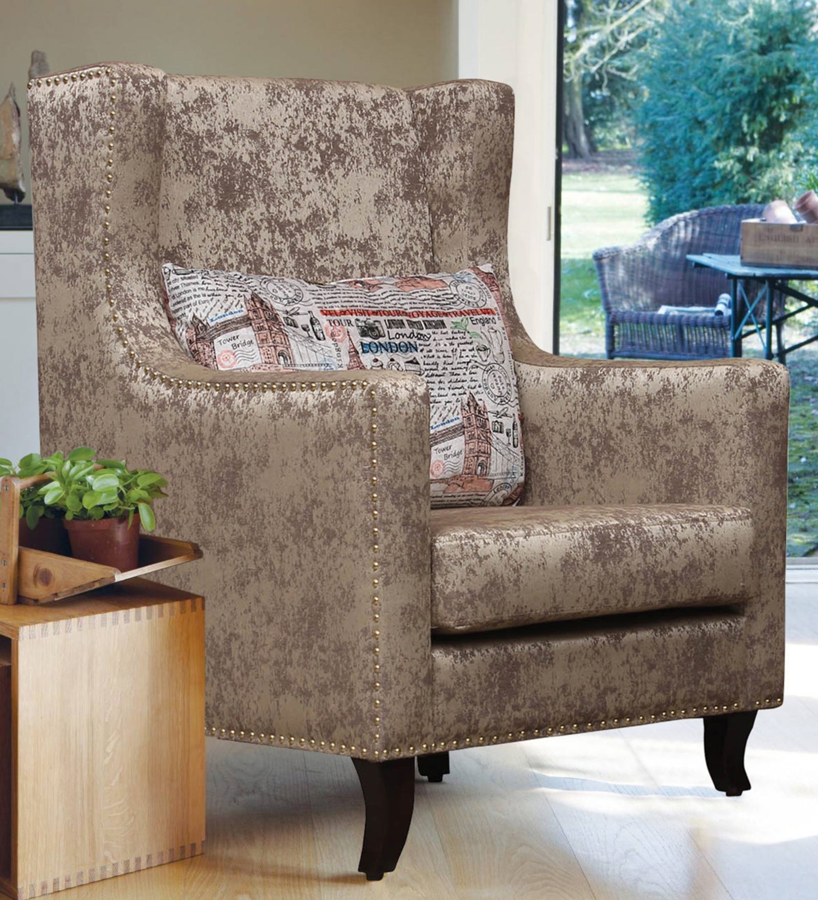 Jade Printed Fabric Wing Chair in Beige Colour - Febonic Living