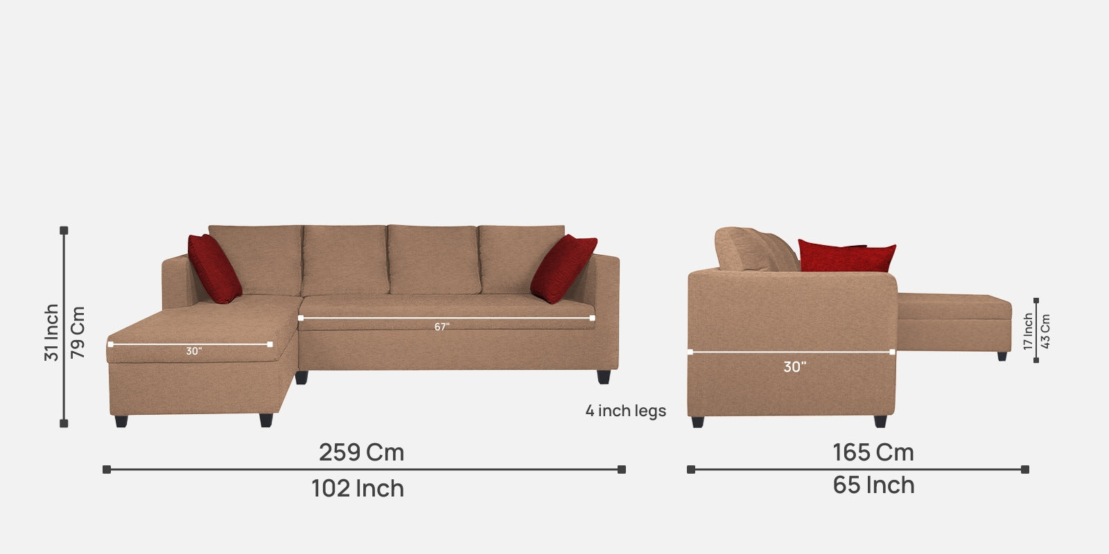Nebula Fabric RHS Sectional Sofa (3+Lounger) In Cosmic Beige Colour - Febonic Living