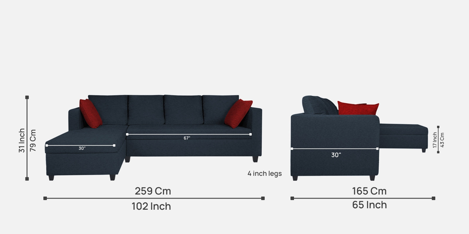 Nebula Fabric RHS Sectional Sofa (3+Lounger) In Denim Blue Colour - Febonic Living