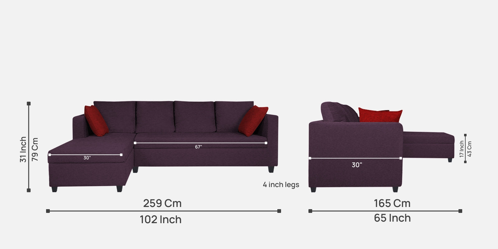 Nebula Fabric RHS Sectional Sofa (3+Lounger) In Greek Purple Colour - Febonic Living