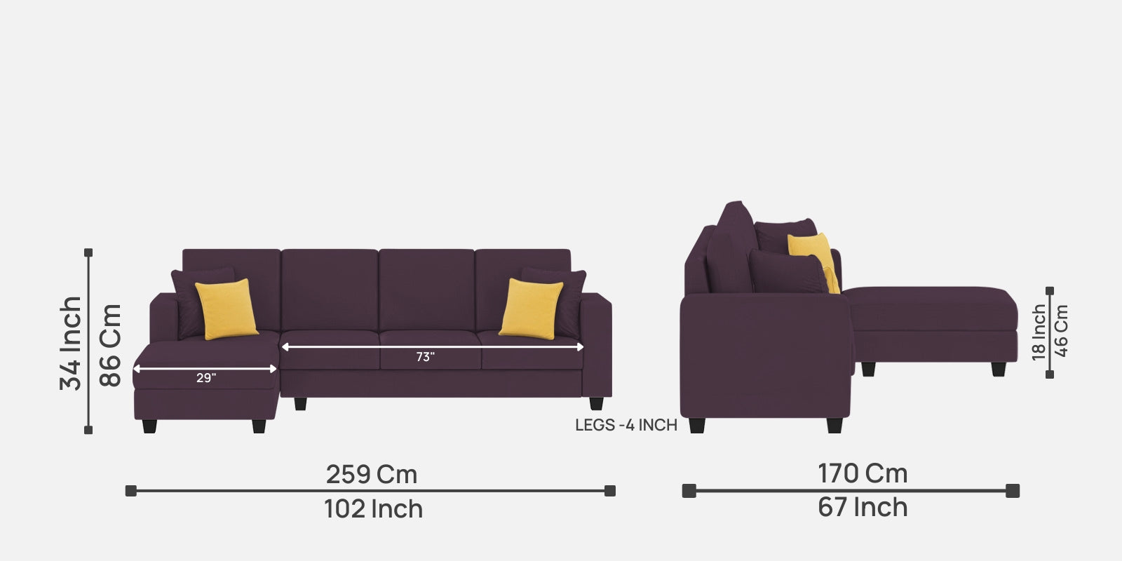 Nabi Fabric RHS Sectional Sofa (3+Lounger) In Greek Purple Colour - Febonic Living
