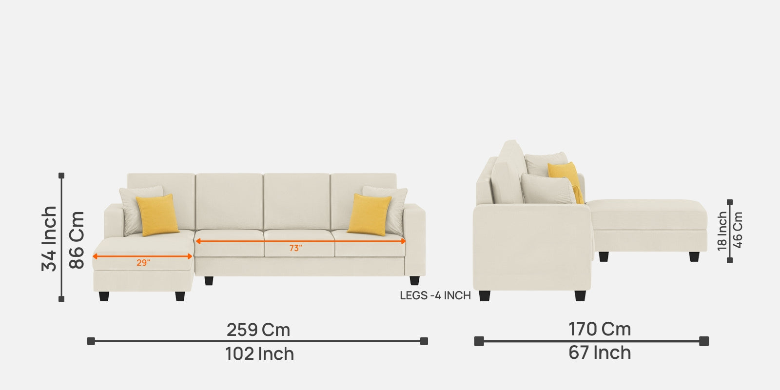 Nabi Fabric RHS Sectional Sofa (3+Lounger) In Ivory cream Colour - Febonic Living