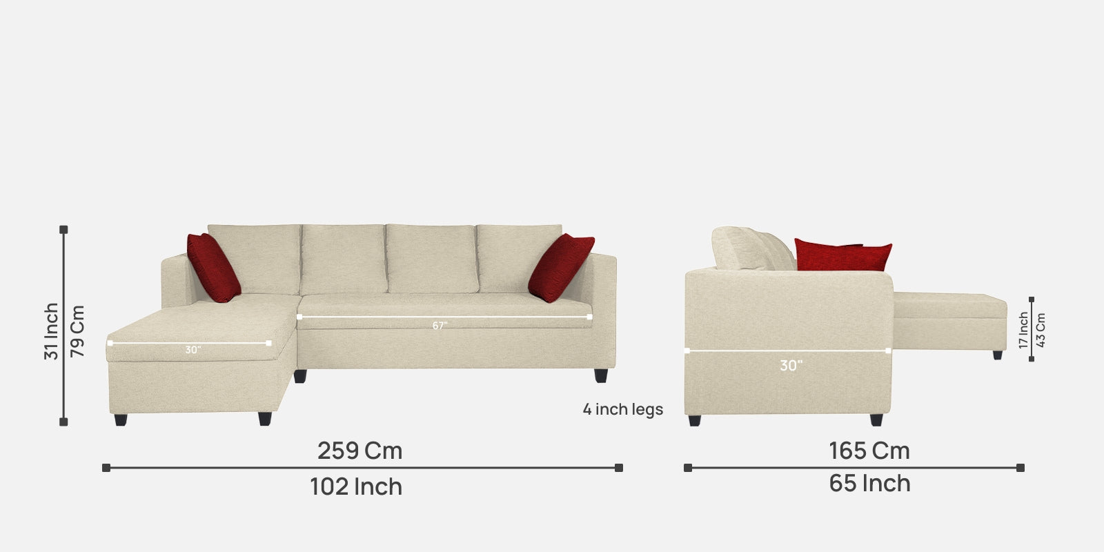 Nebula Fabric RHS Sectional Sofa (3+Lounger) In Ivory Cream Colour - Febonic Living