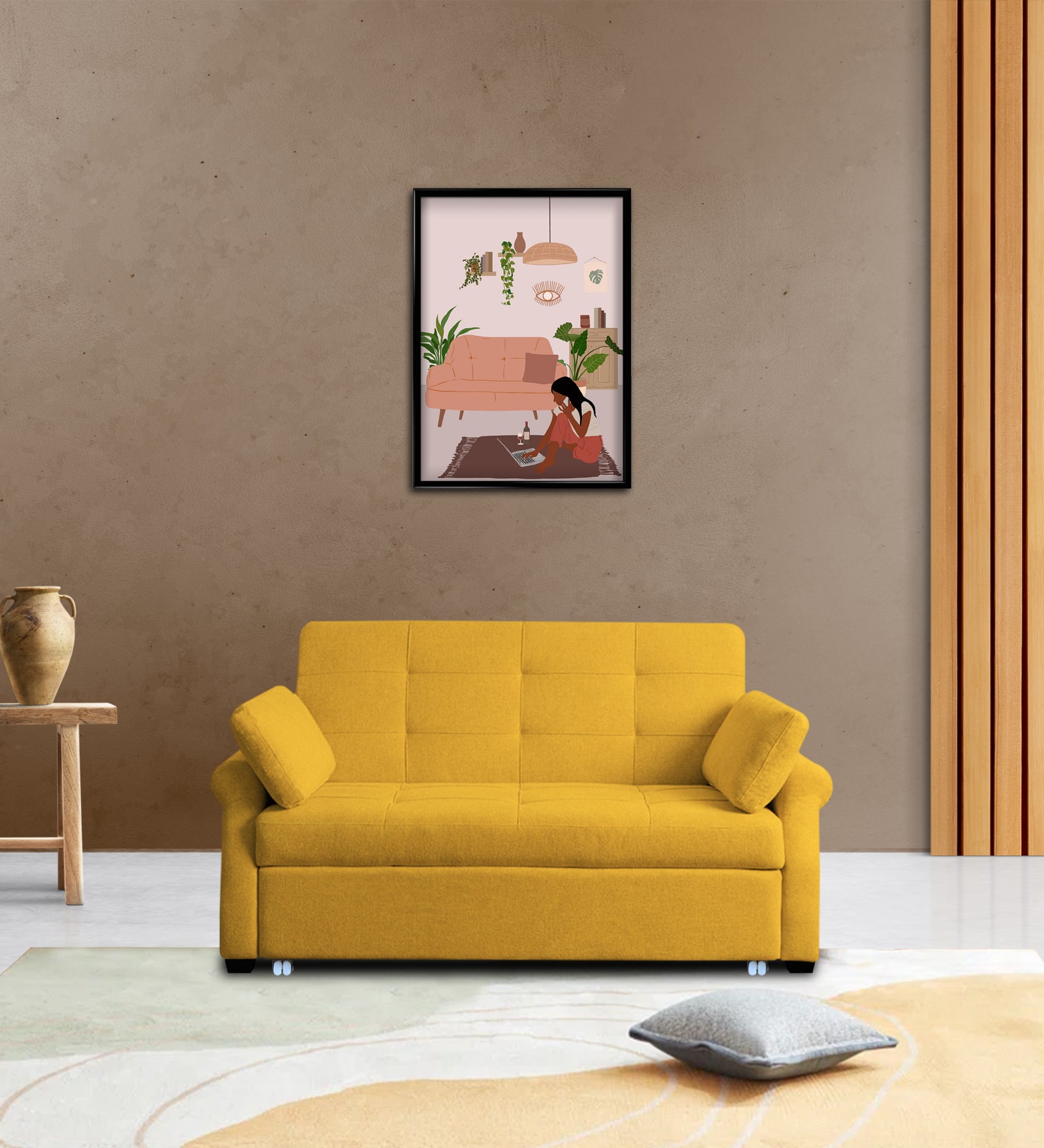 Fornia Fabric 3 Seater Pull Out Sofa Cum Bed In Bold Yellow Colour - Febonic Living