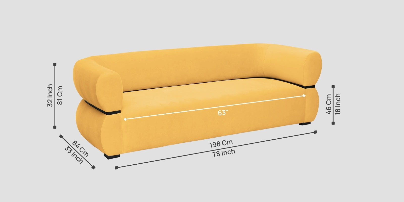 Kula Velvet 3 Seater Sofa In Turmeric Yellow Colour - Febonic Living