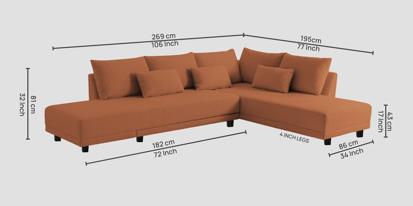 Ira Boucle Fabric LHS 6 Seater Convertible Sofa Cum Bed In Light Orange Colour - Febonic Living