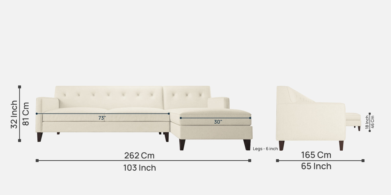 Miller Fabric LHS Sectional Sofa (3+Lounger) In Ivory Cream Colour - Febonic Living