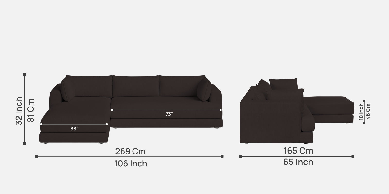 Ziggy Fabric RHS Sectional Sofa (3+Lounger) In Pebble Brown Colour - Febonic Living