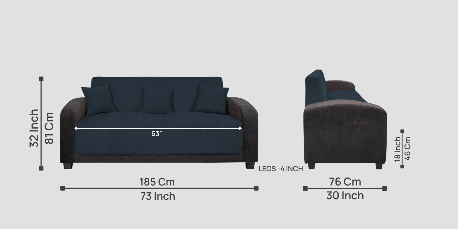 Alex Fabric 3 Seater Sofa In Denim Blue Colour