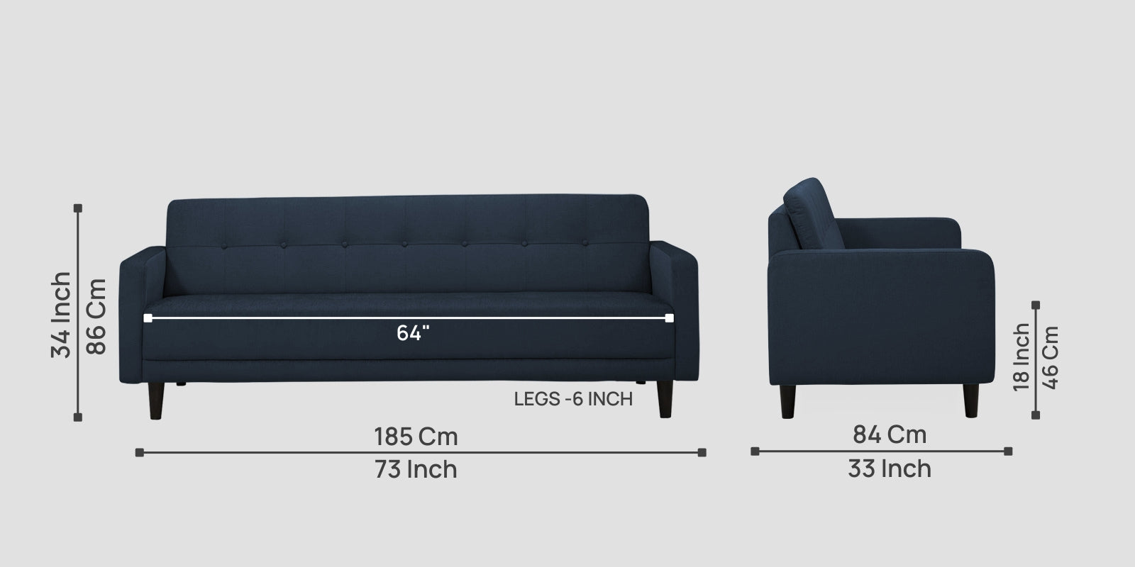 Noha Fabric 3 Seater Sofa In Denim Blue Colour