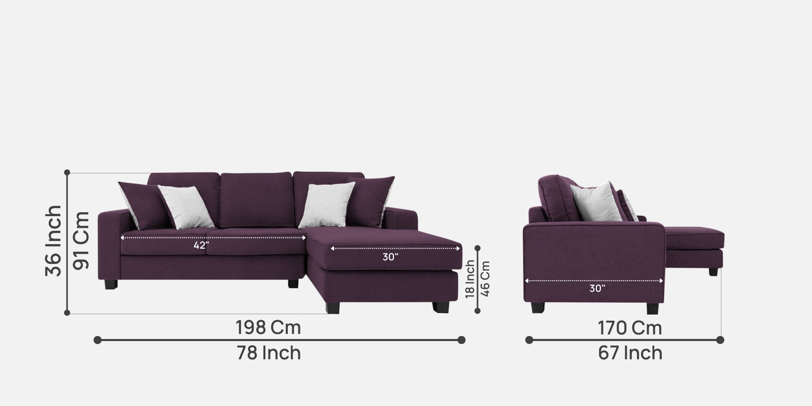 Ladybug Fabric LHS Sectional Sofa (2+Lounger) In Greek Purple Colour - Febonic Living