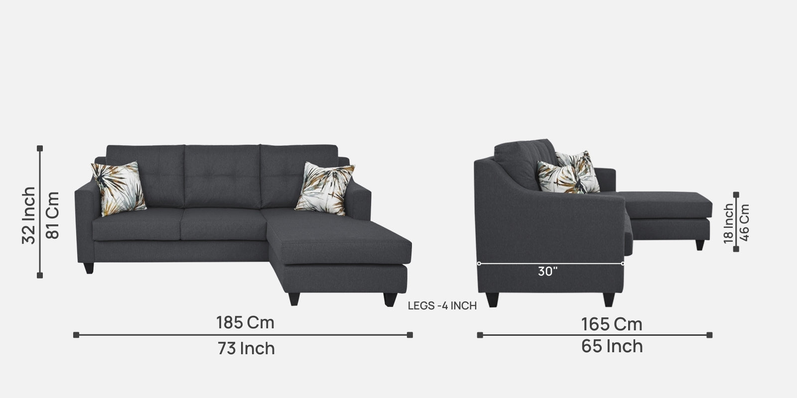Welly Fabric LHS Sectional Sofa (2+Lounger) In Maba Grey Colour - Febonic Living