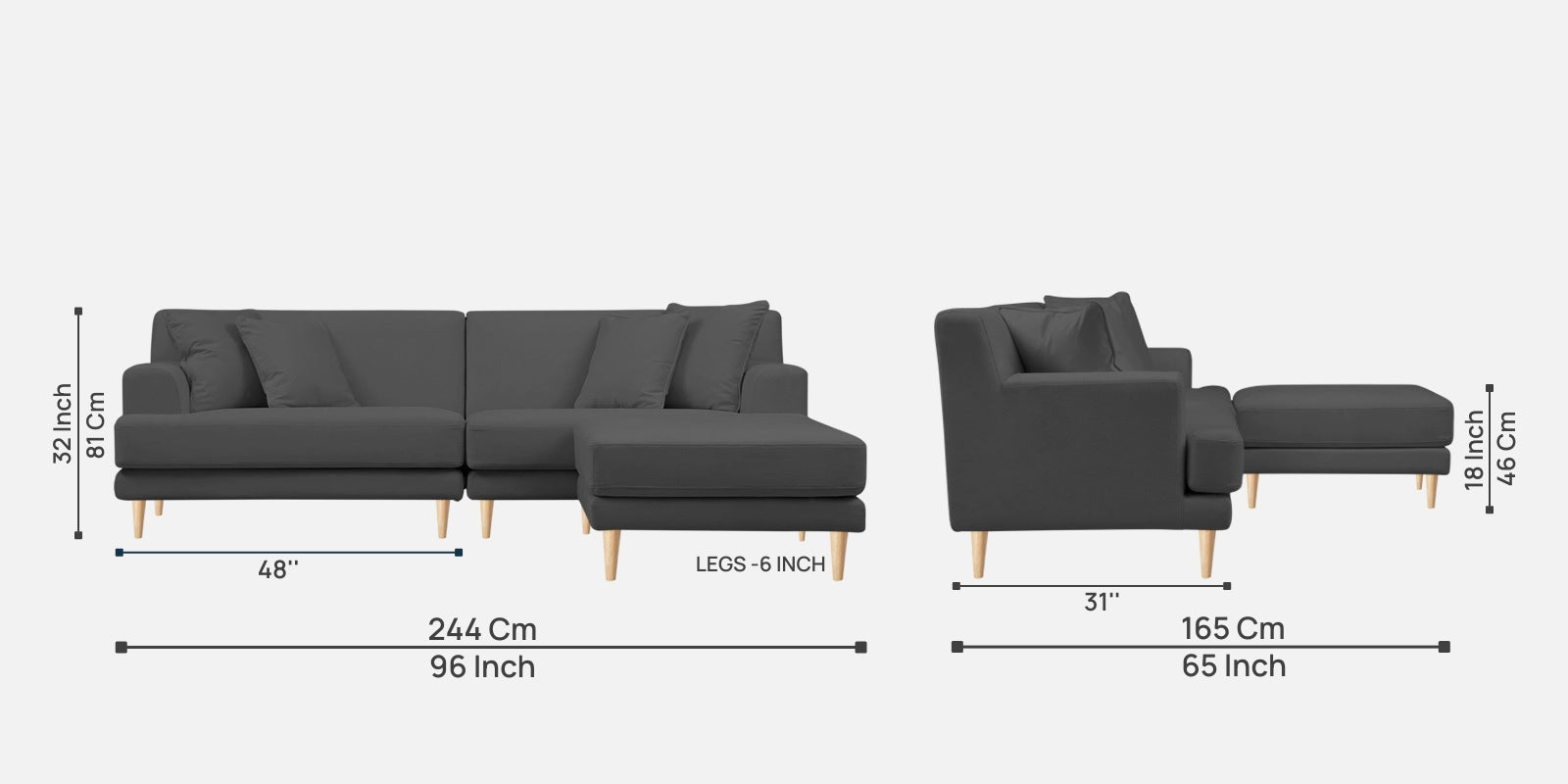 Woody Fabric LHS Sectional Sofa (3+Lounger) In Dusky Grey Colour - Febonic Living