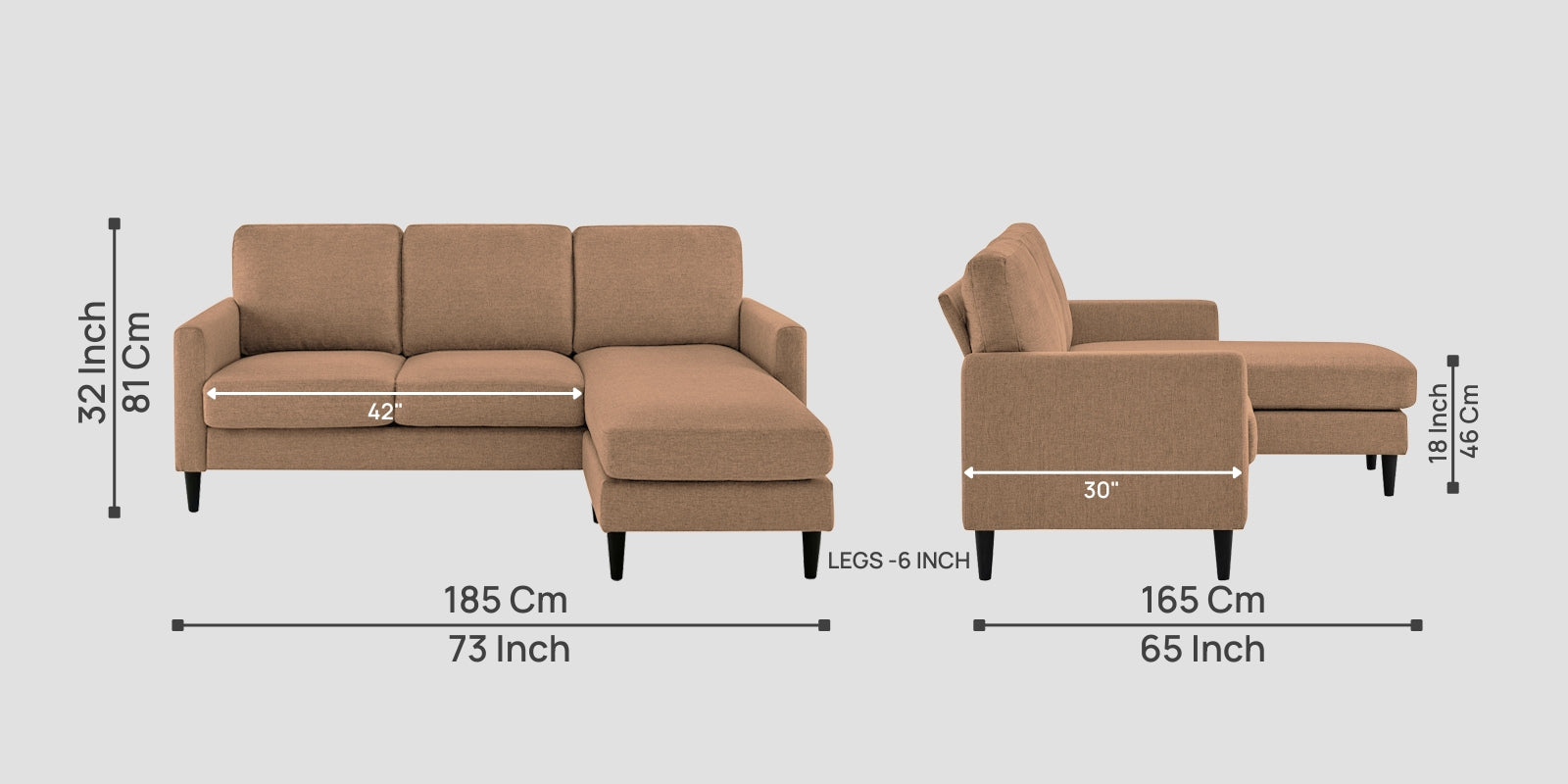 Romie Fabric LHS Sectional Sofa (2+Lounger) In Cosmic Beige Colour - Febonic Living