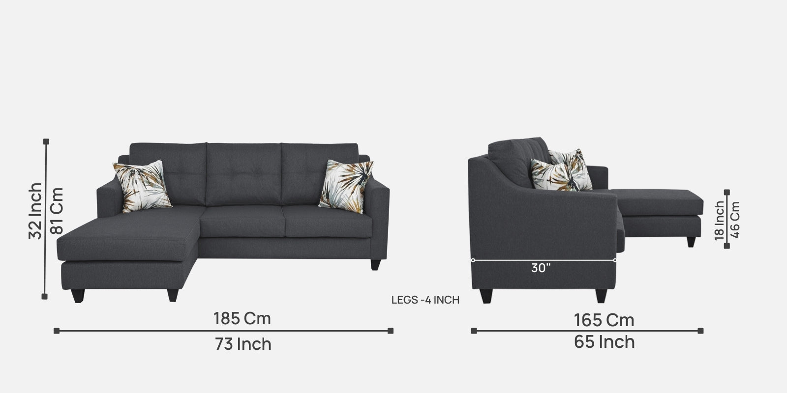 Welly Fabric RHS Sectional Sofa (2+Lounger) In Maba Grey Colour - Febonic Living