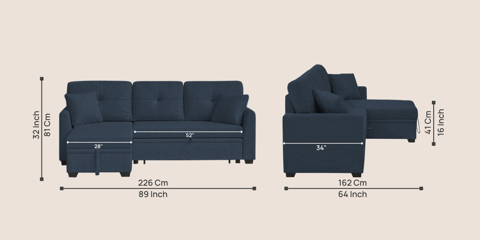 Jody Fabric 3 Seater Pull Out Sofa Cum Bed In Denim Blue Colour With Storage - Febonic Living