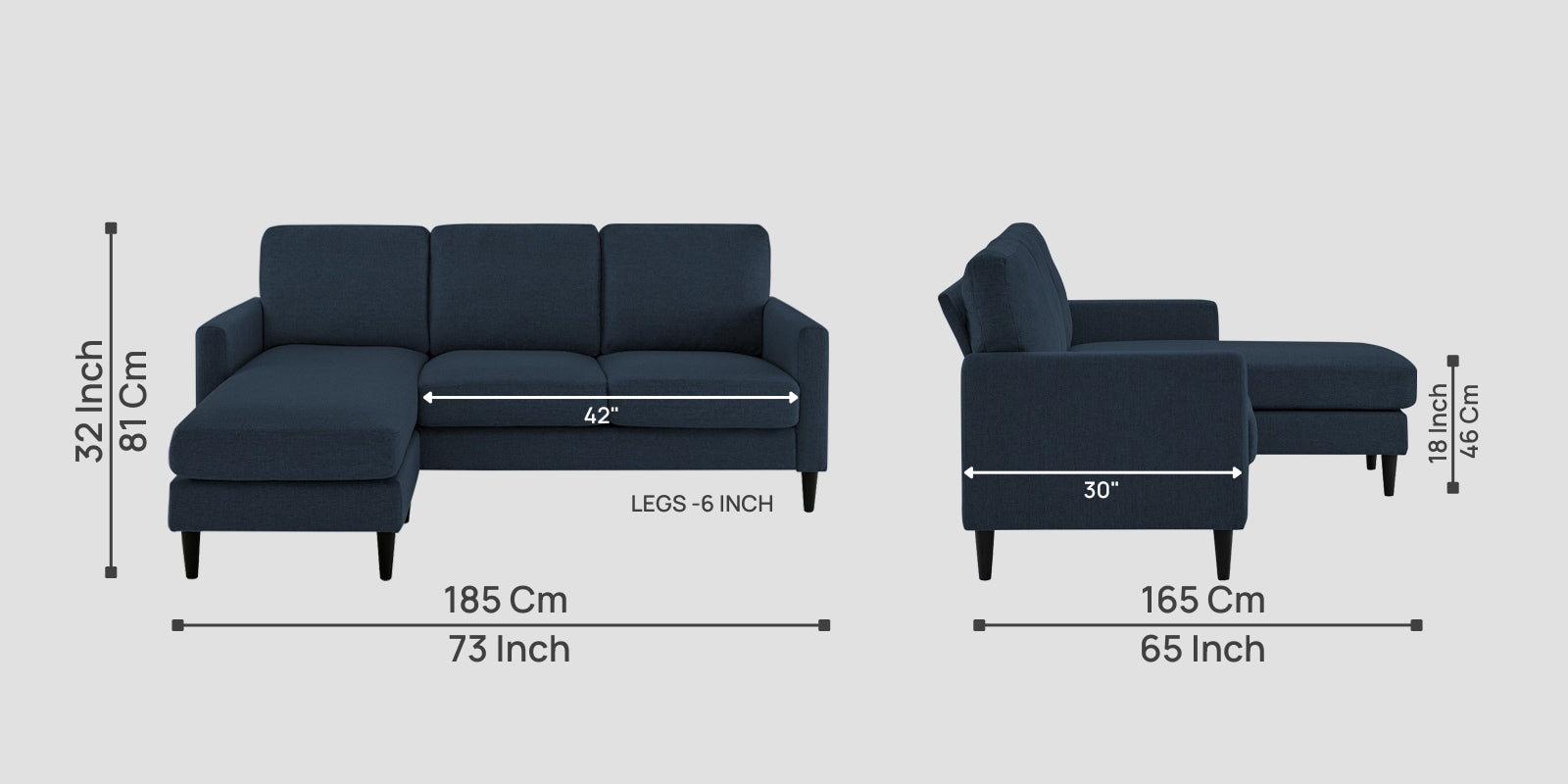 Romie Fabric RHS Sectional Sofa (2+Lounger) In Denim Blue Colour - Febonic Living