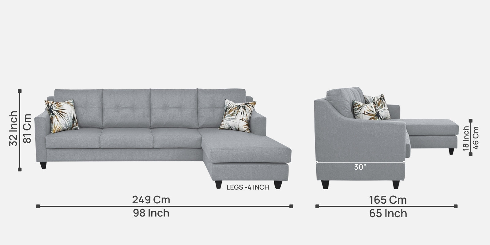 Welly Fabric LHS Sectional Sofa (3+Lounger) In Coin Grey Colour - Febonic Living