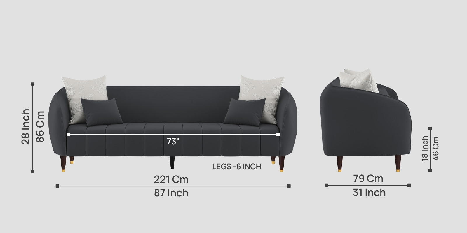 Hairo Velvet 3 Seater Sofa In Davy Grey Colour